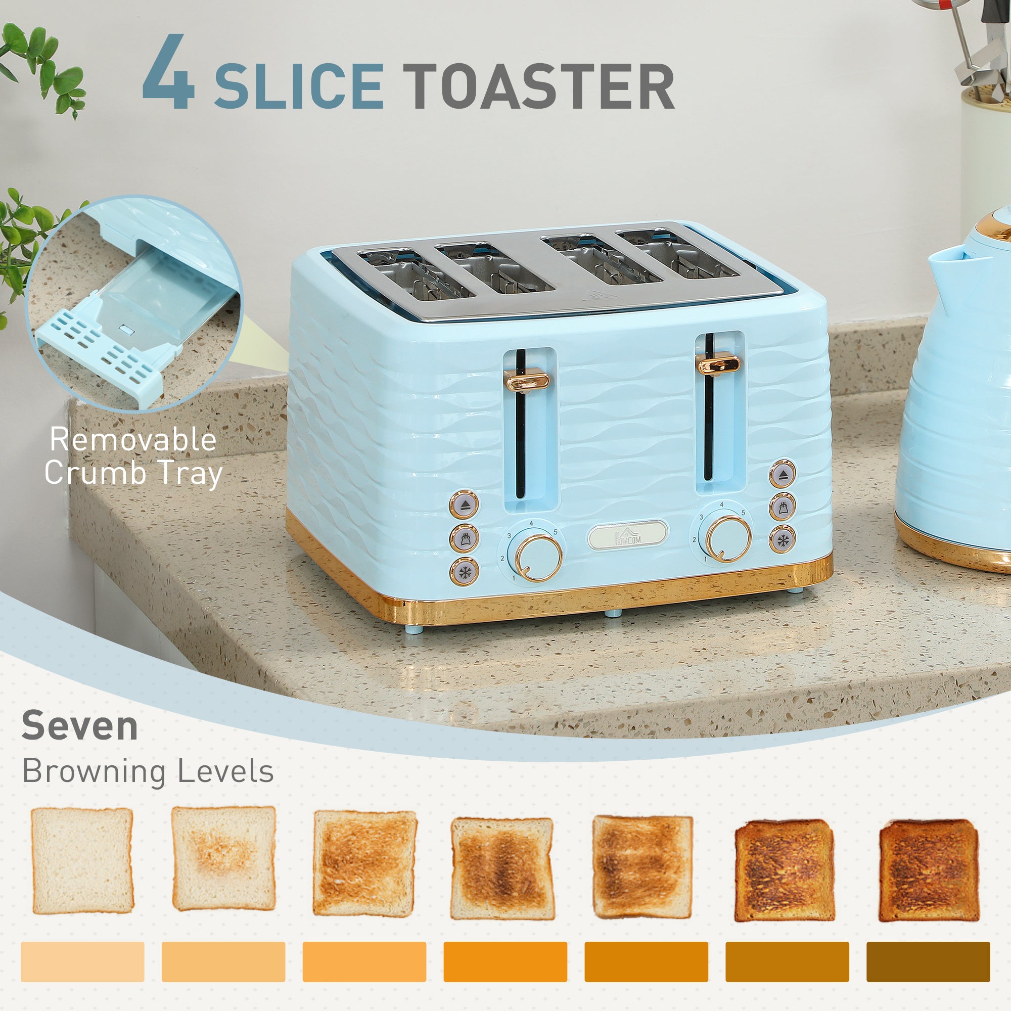 HOMCOM 3000W 1.7L Kettle & 4 Slice Toaster, Kettle and Toaster Set with 7 Browning Controls and Crumb Tray, Light Blue