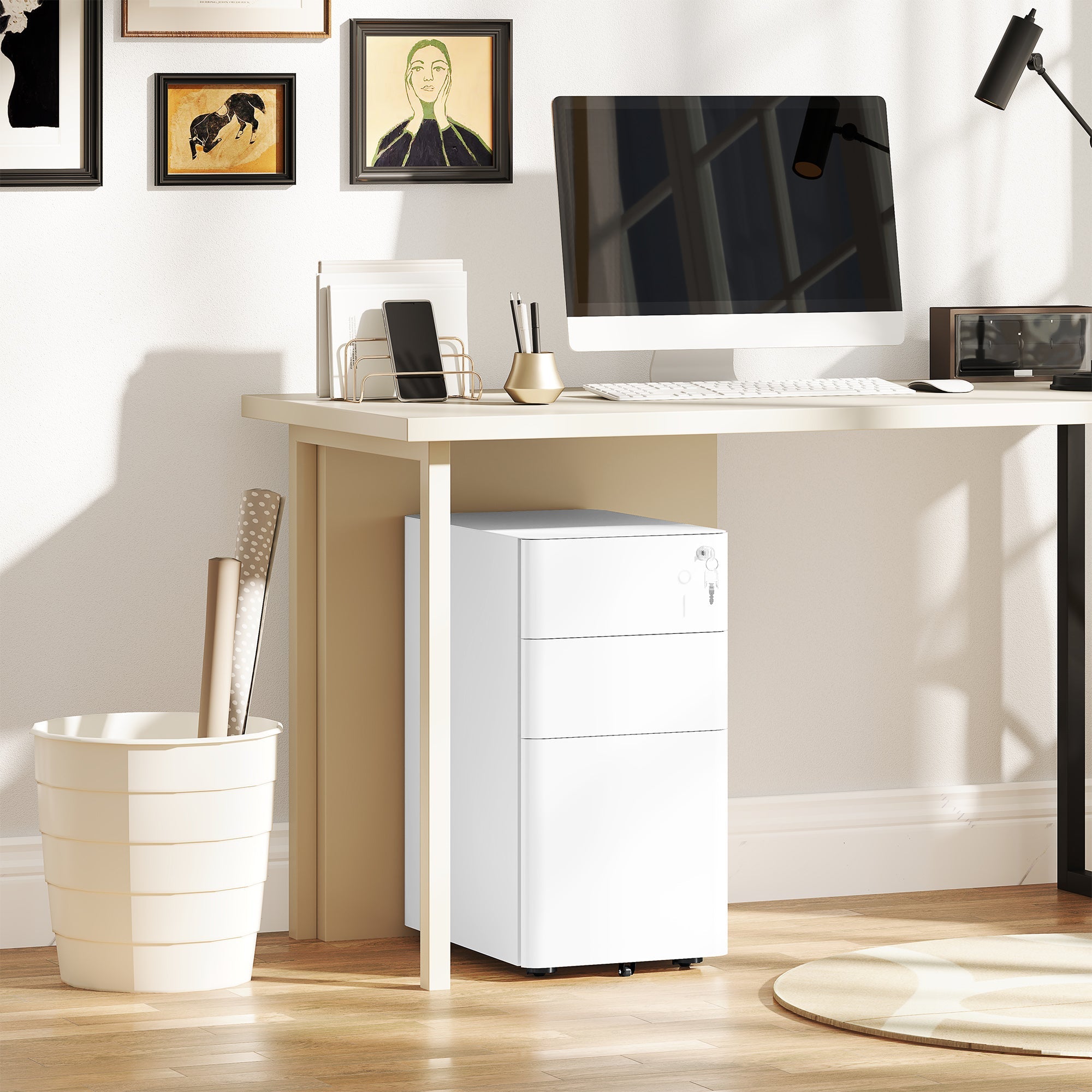 Vinsetto 3-Drawer Steel Filing Cabinet with Lock - White