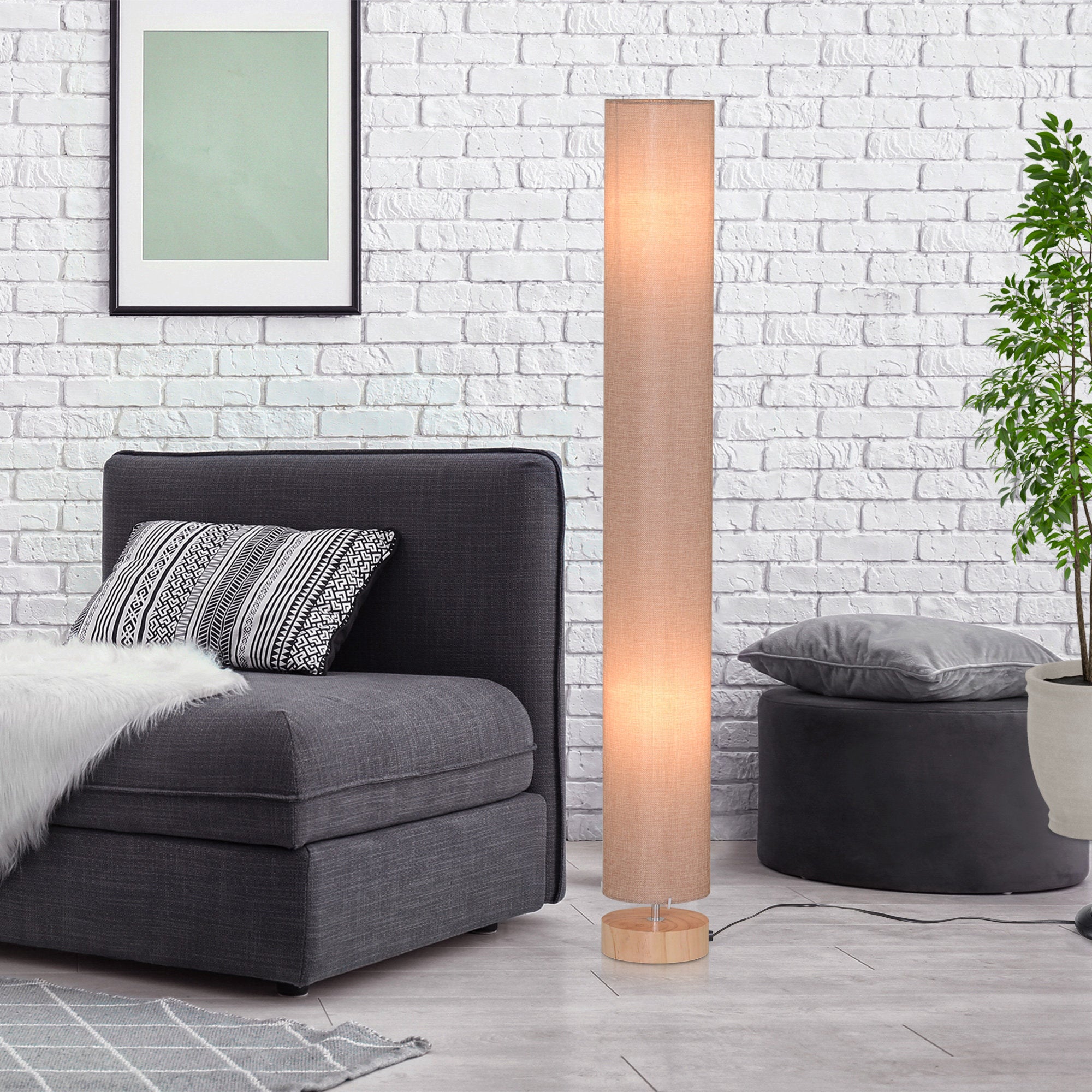 HOMCOM 47-Inch Modern Wooden Floor Lamp for Bedroom, Study or Living Space with Fabric Linen Shade (Beige) 120 CM