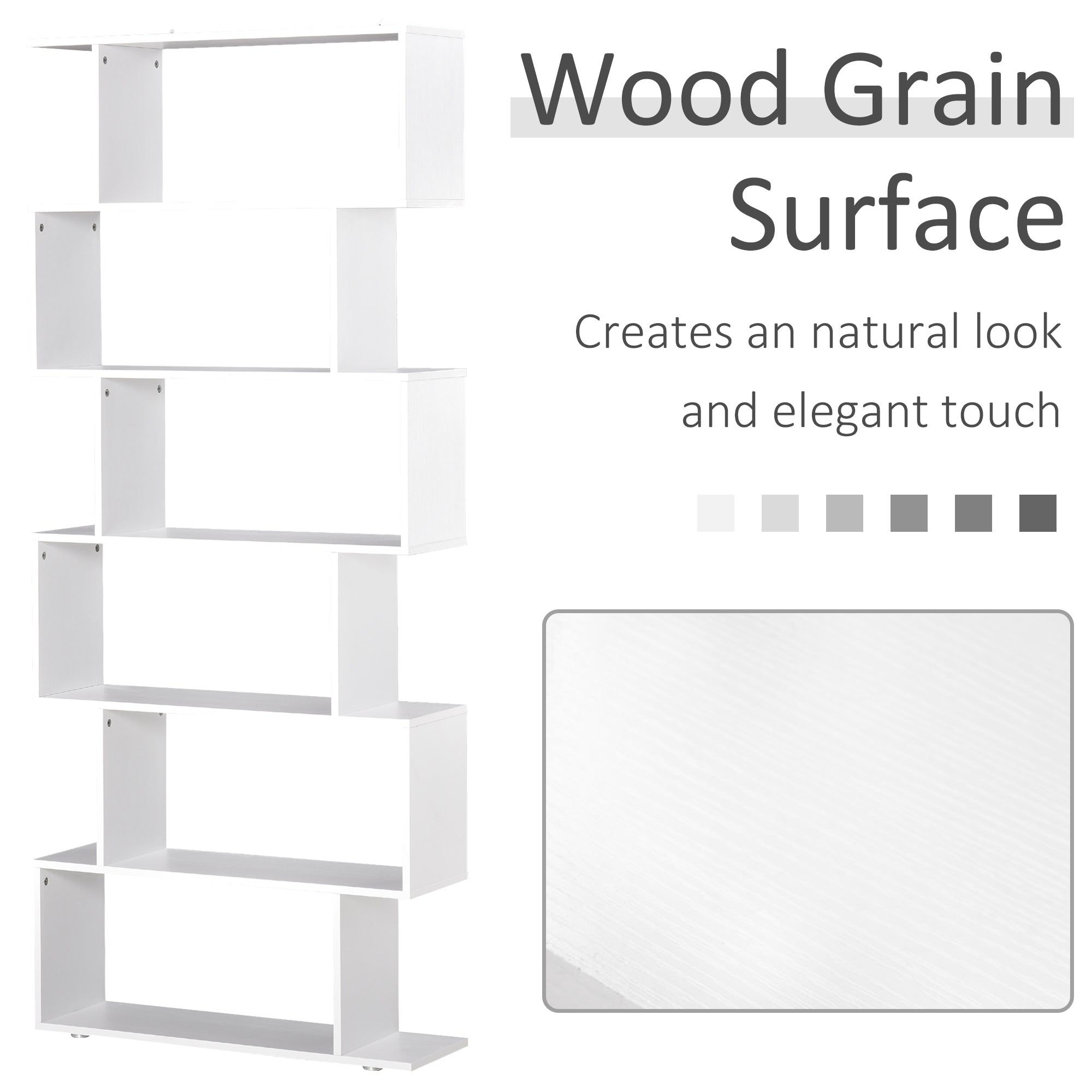 HOMCOM S Shape Wooden 6-tier Bookshelf Open Concept Bookcase Storage Display Unit for Home Office Living Room, White