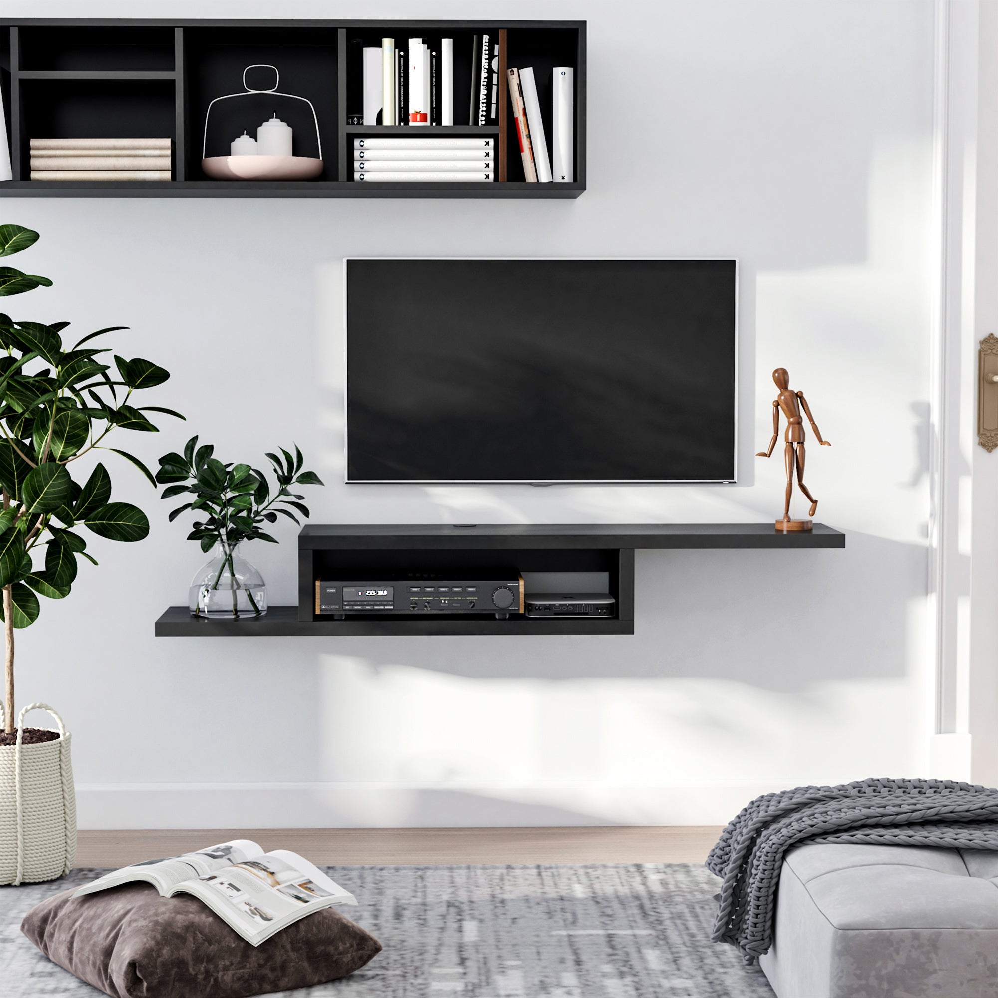 HOMCOM Floating TV Unit, Wall Mounted TV Stand with Open Shelf and 2 Cable Holes, Entertainment Unit for Living Room, Black