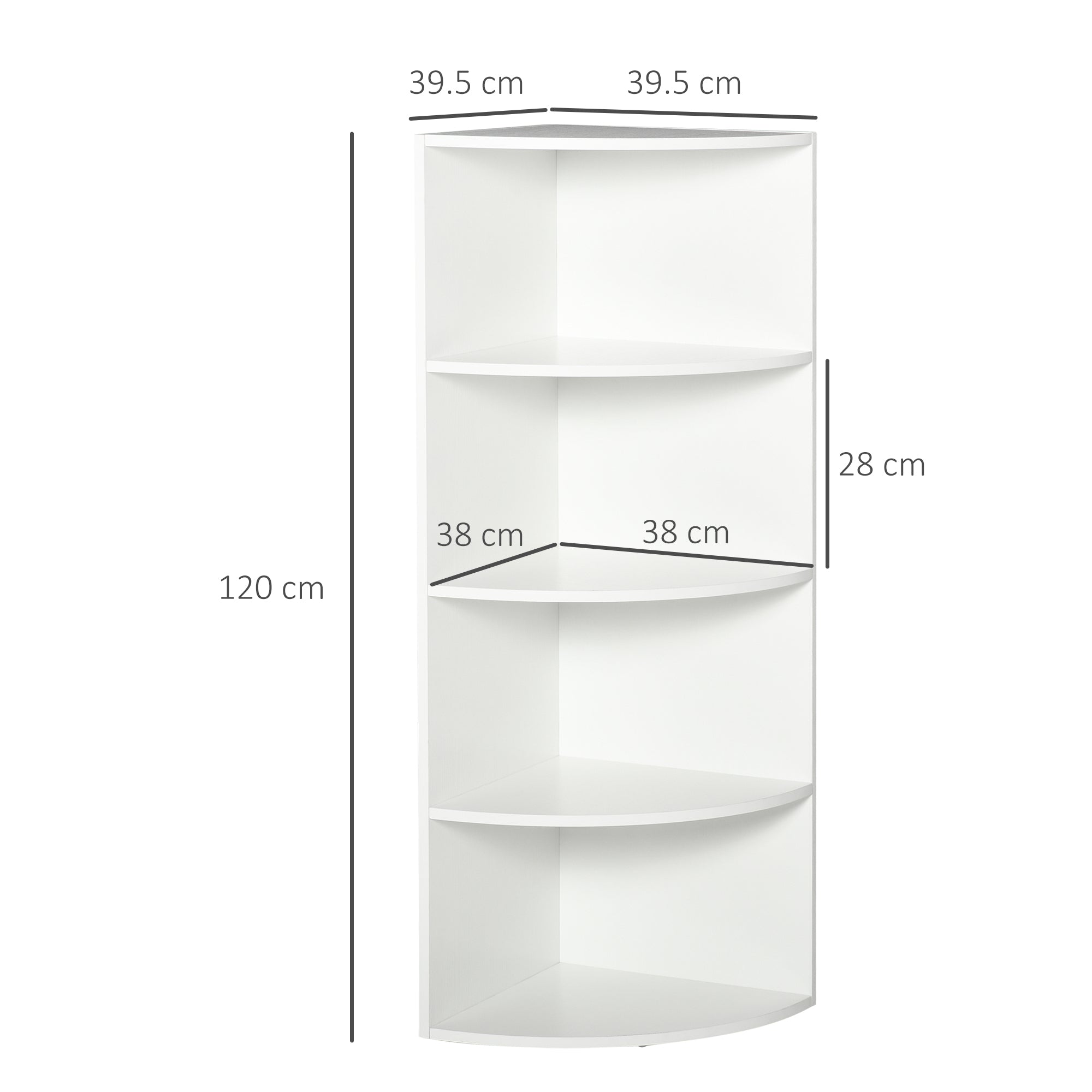 HOMCOM 4-Tier Corner Open Shelf Bookcase Fan Bookshelf Plants Stand Wood Freestanding Unit, 40x40x120cm, White