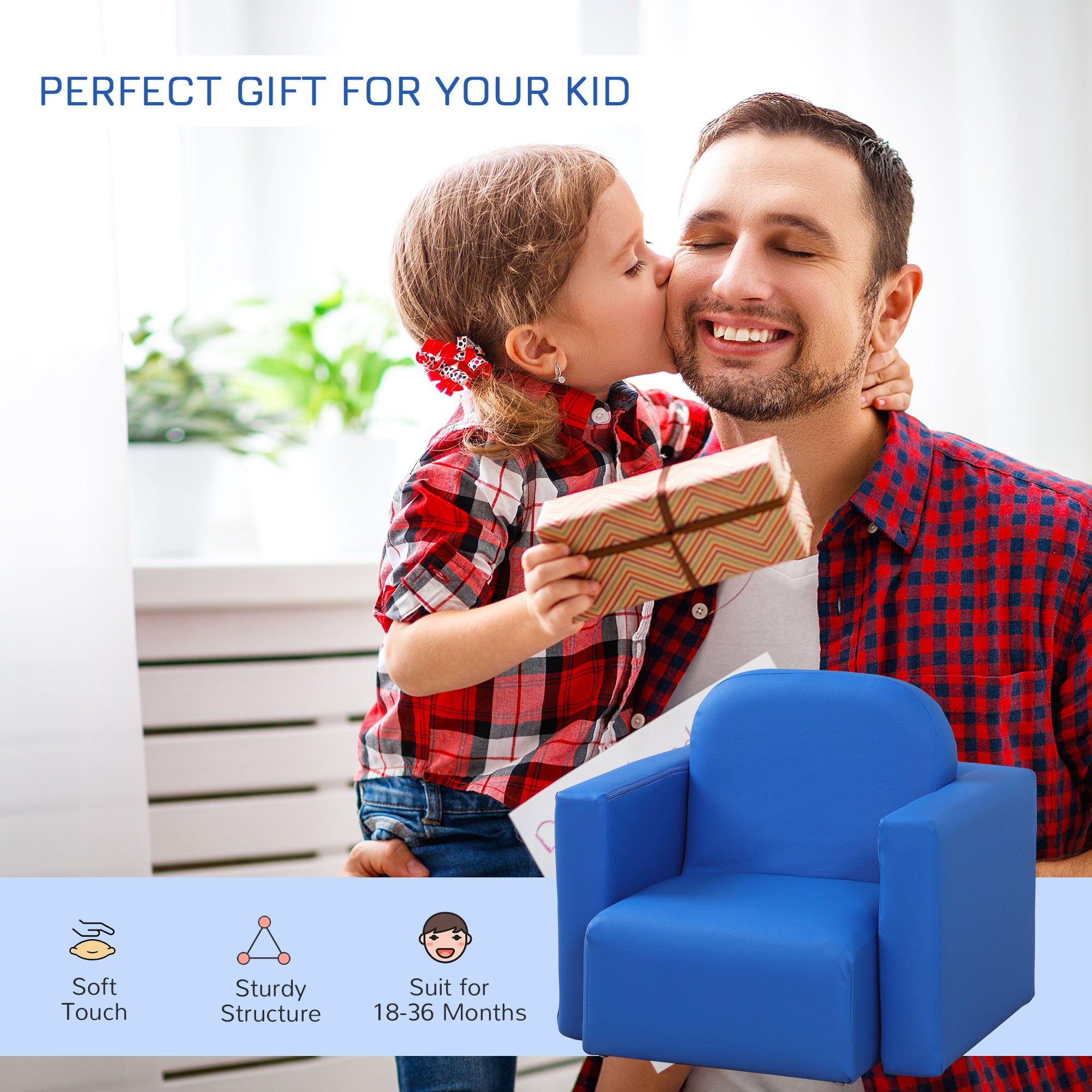 HOMCOM 2 In 1 Toddler Sofa Chair, 48 x 44 x 41 cm, for Game Relax Playroom, Blue