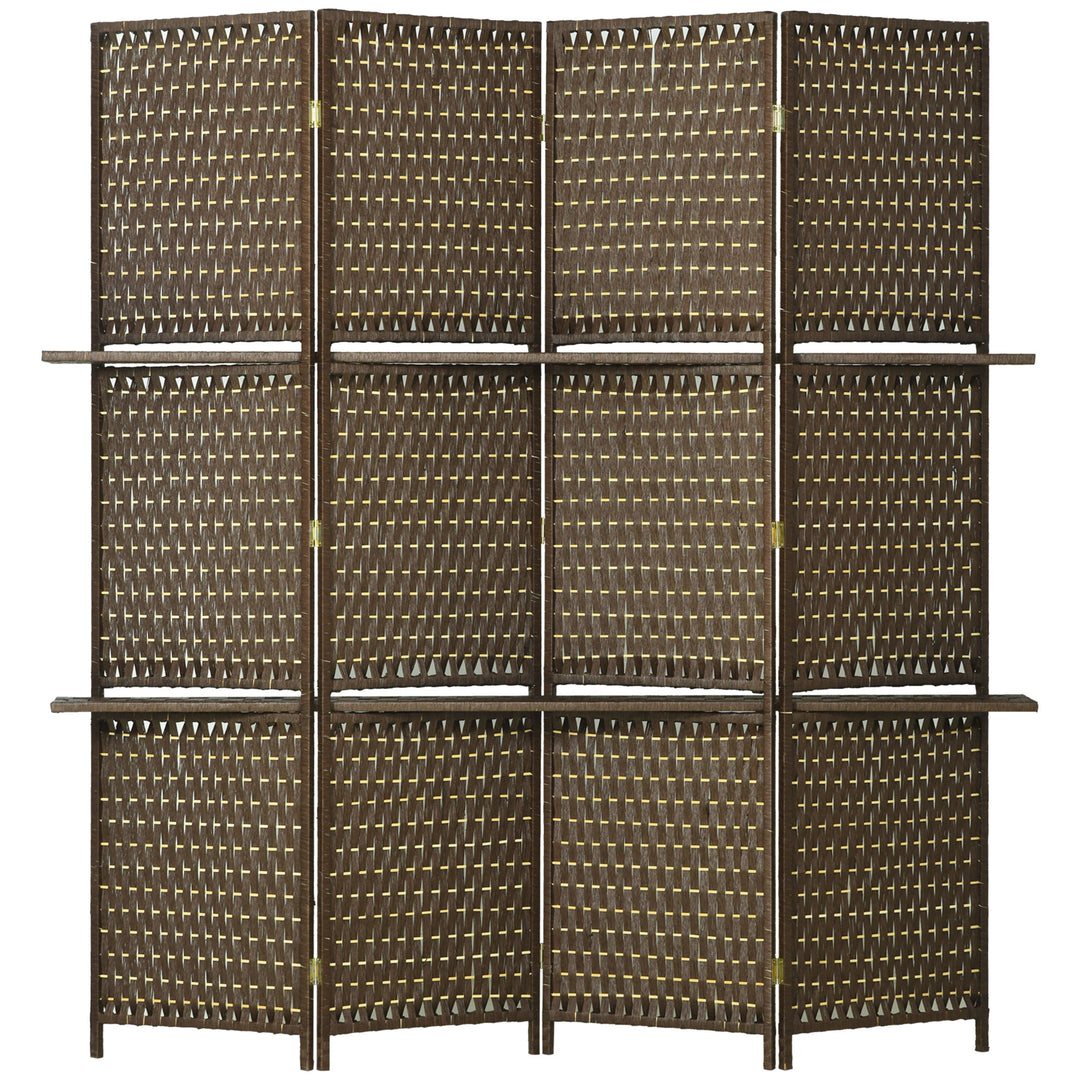 HOMCOM 4-Panel Room Dividers with Shelves, Wave Fibre Freestanding Folding Privacy Screen Panels, Partition Wall Divider for Indoor Bedroom Office, 180 cm, Brown