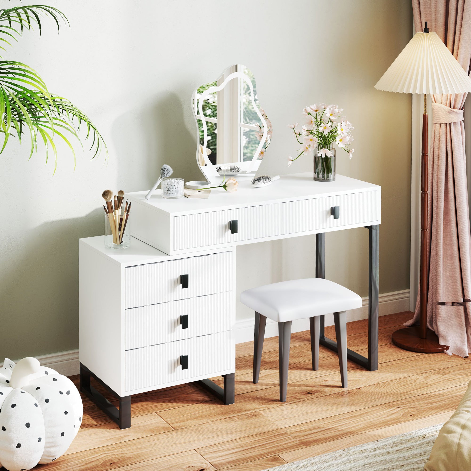 HOMCOM LED Lighted Dressing Table with Leaf Shape Mirror, Modern Vanity Desk with 5 Drawers, Makeup Desk with Fluted Panels, White