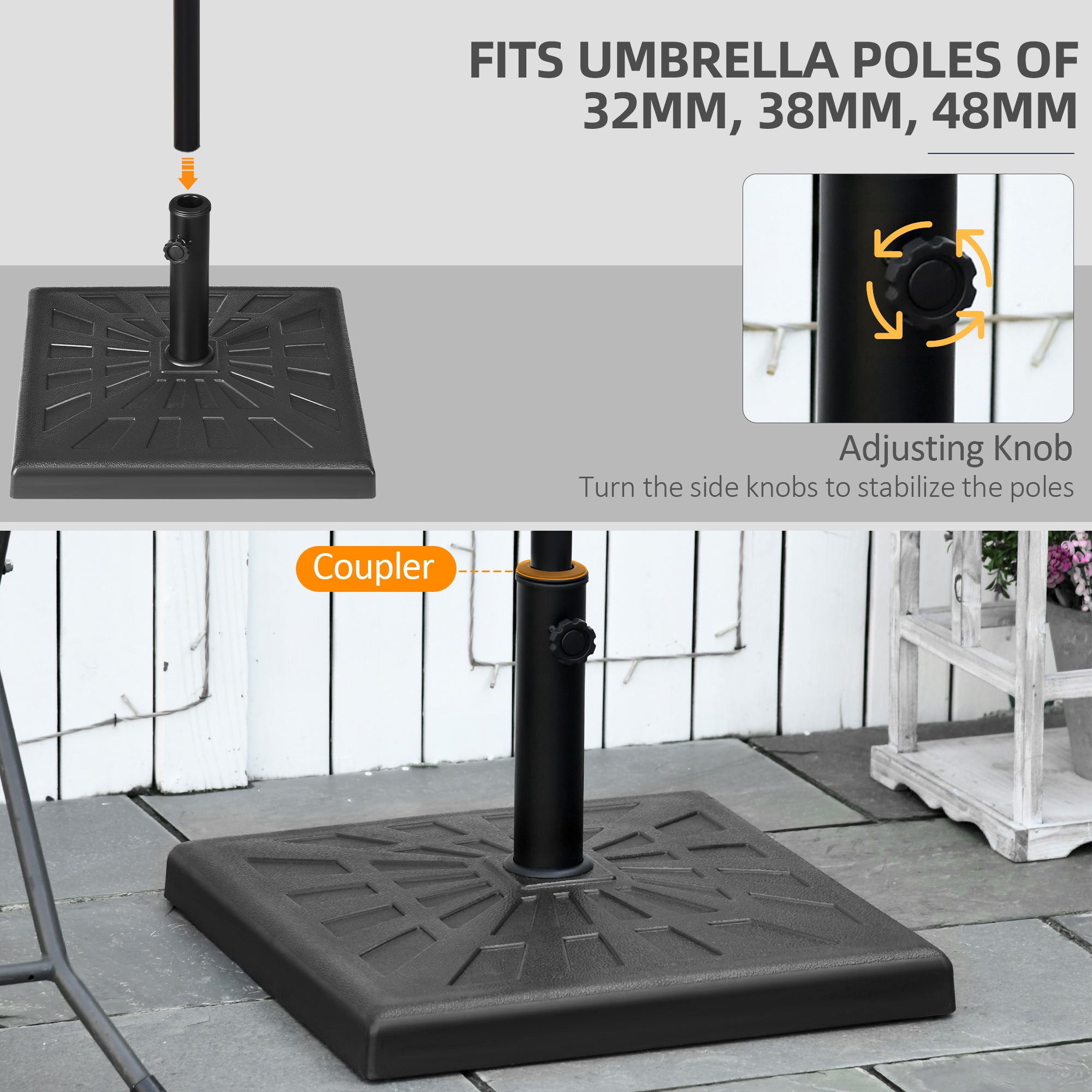 Outsunny 19kg Resin Garden Parasol Base Holder, Square Outdoor Market Umbrella Stand Weight for Poles of \'ce\'a632mm, \'ce\'a638mm, and \'ce\'a648mm, Black