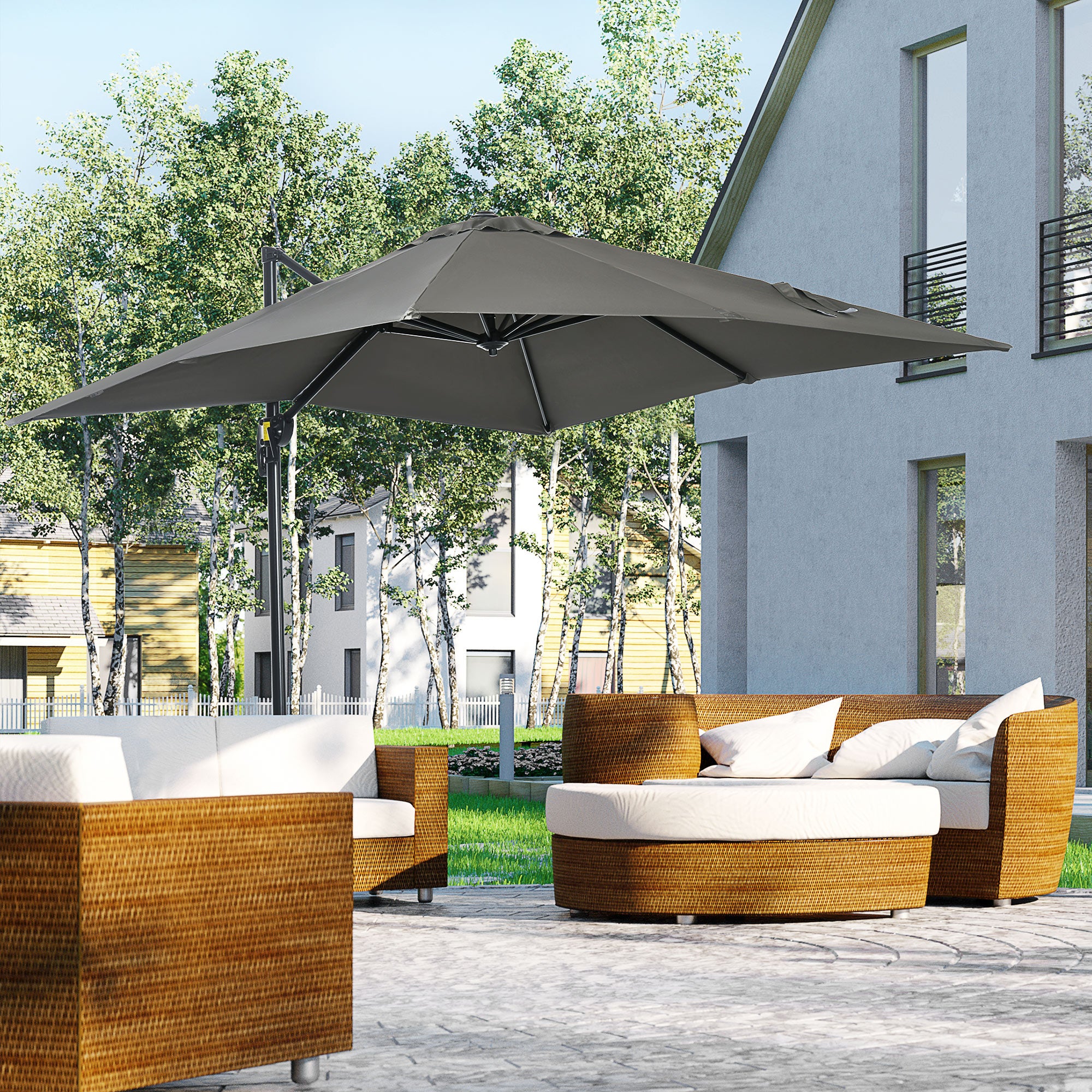 Outsunny 2.5 x 2.5m Patio Offset Parasol Umbrella Cantilever Hanging Aluminium Sun Shade Canopy Shelter 360\'c2\'b0 Rotation with Crank Handle and Cross Base, Grey