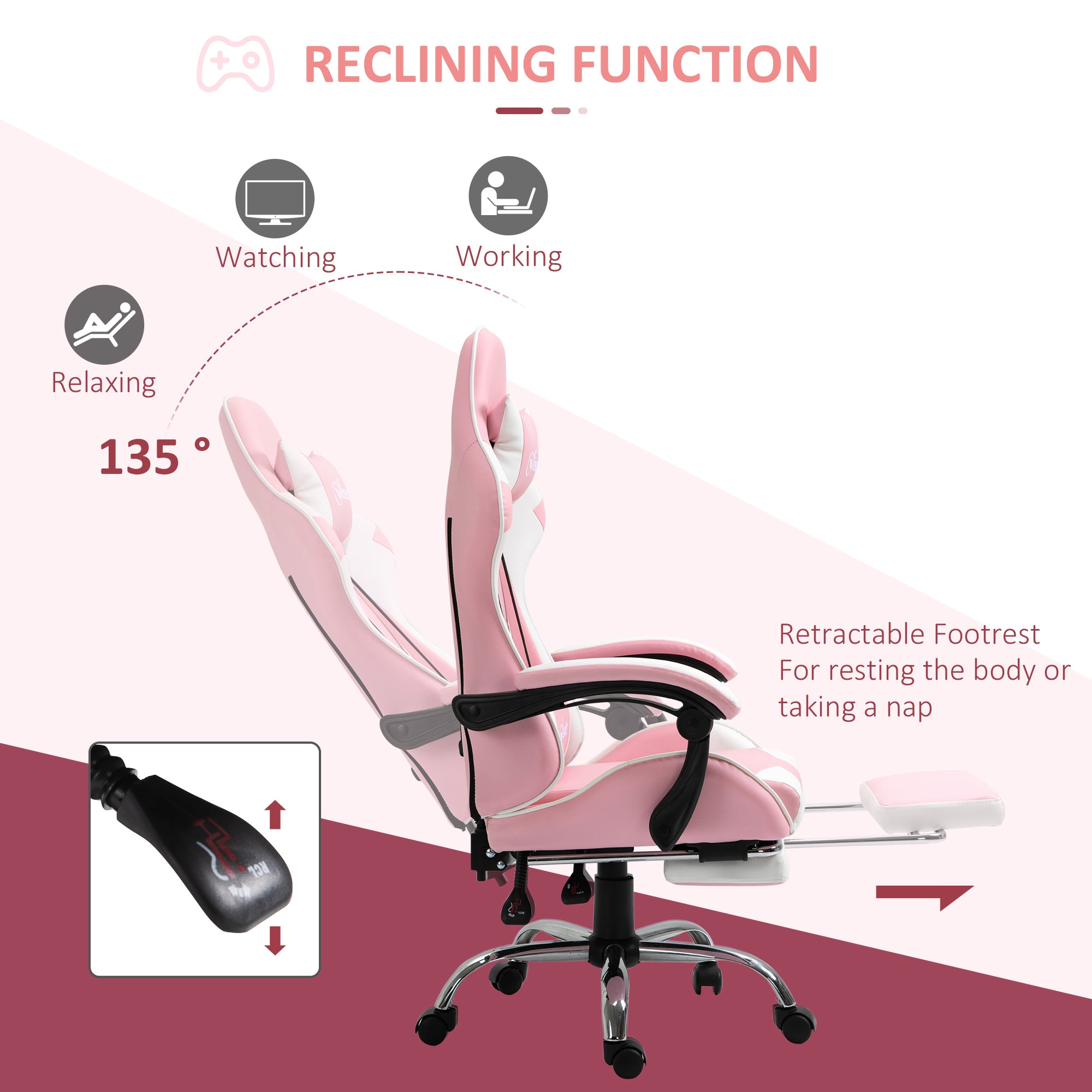 Vinsetto Pink Computer Gaming Chair, Desk Chair with 135\'c2\'b0 Reclining Back and Retractable Footrest, Adjustable PU Leather Lumbar Support and Headrest, Steel Base for Adults, Girls