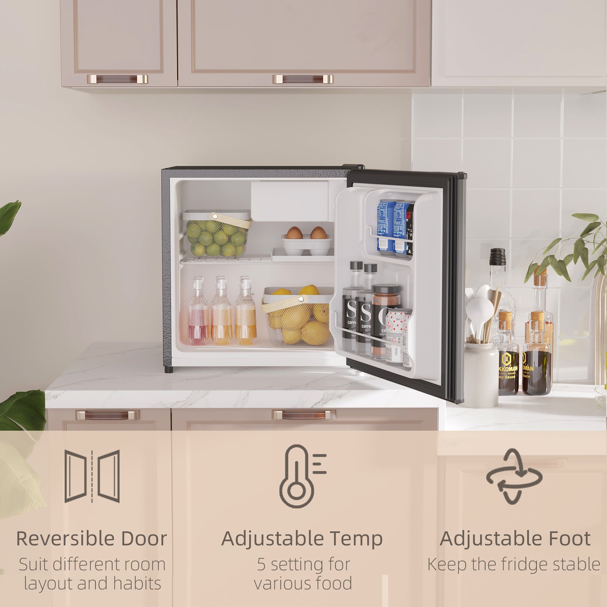 HOMCOM 46 Litre Table Top Mini Fridge, Small Fridge with Ice Box, Reversible Door, Adjustable Temperature and Legs for Bedrooms, Home Office, Black