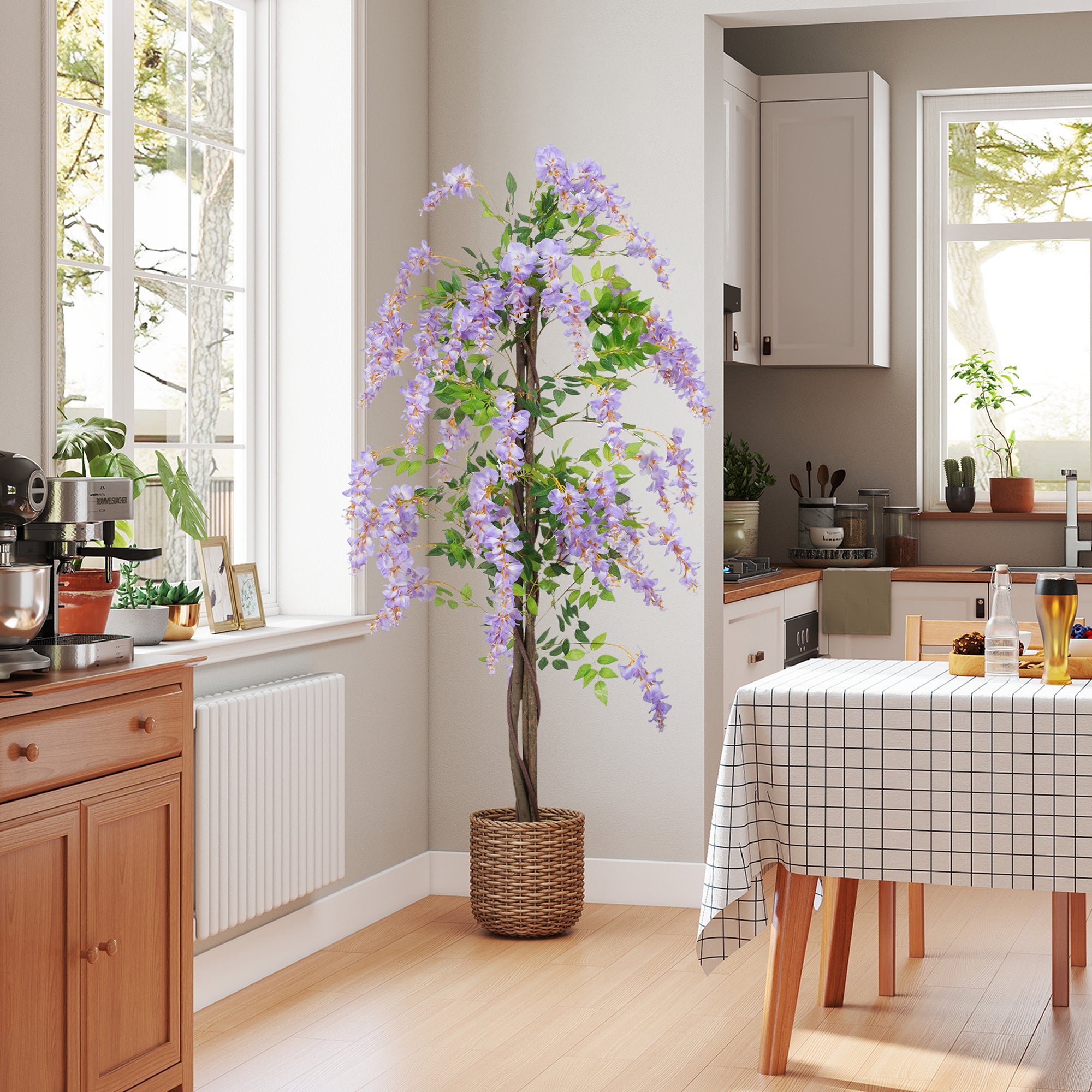 HOMCOM Artificial Wisteria Flower, Tall Fake Plant with 756 Leaves and 54 Flowers in Pot, Decorative Artificial Plant for Home Indoor Decor, 180 cm, Purple