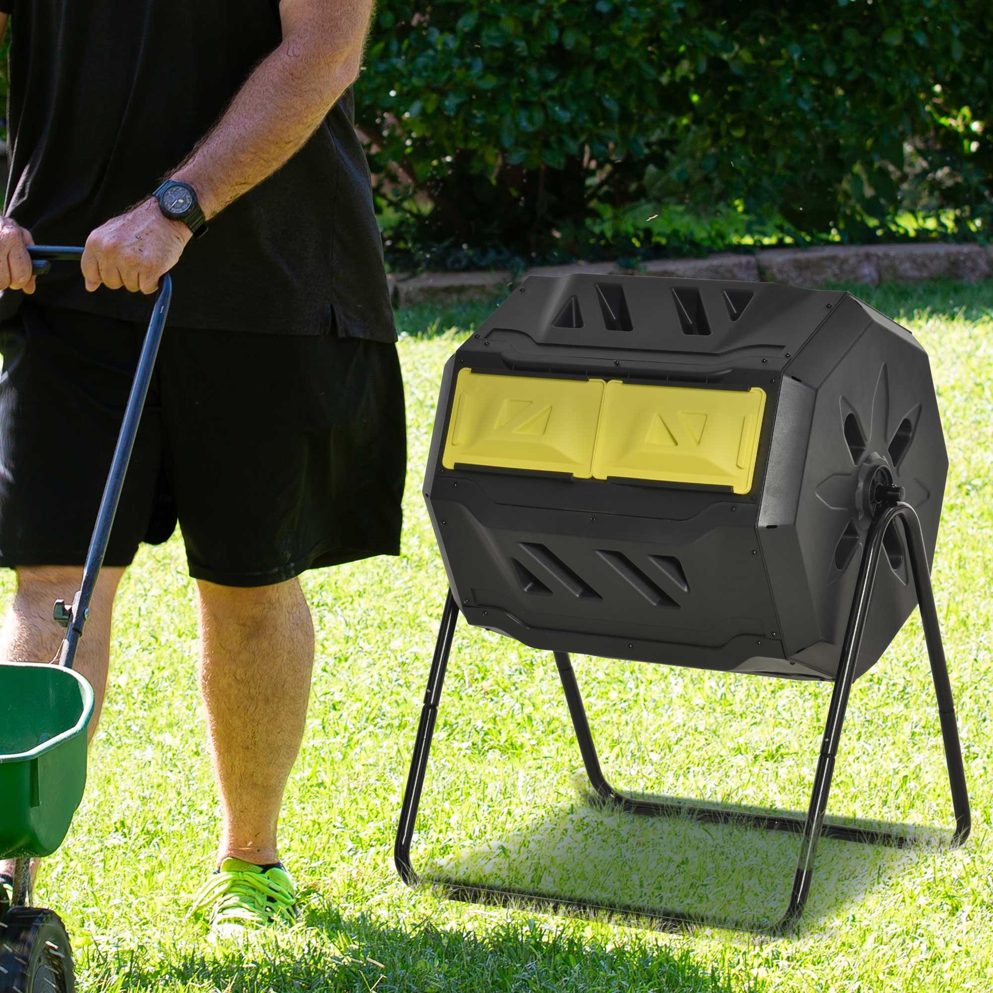 Outsunny 160L 360\'c2\'b0 Rotating Dual Chamber Composter - Yellow
