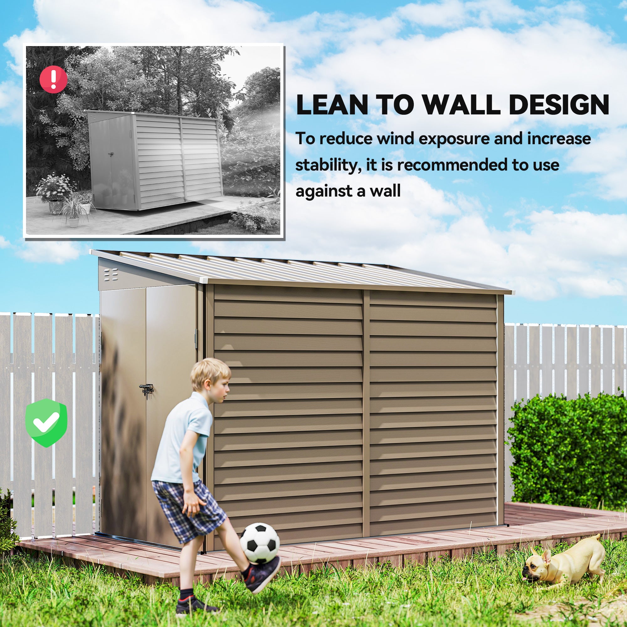 Outsunny 5 x 9ft Galvanised Metal Garden Shed with Foundation Kit, Outdoor Lean-to Shed, Tool Storage House with Lockable Doors, Gloves and 2 Air Vents for Patio, Garden, Brown