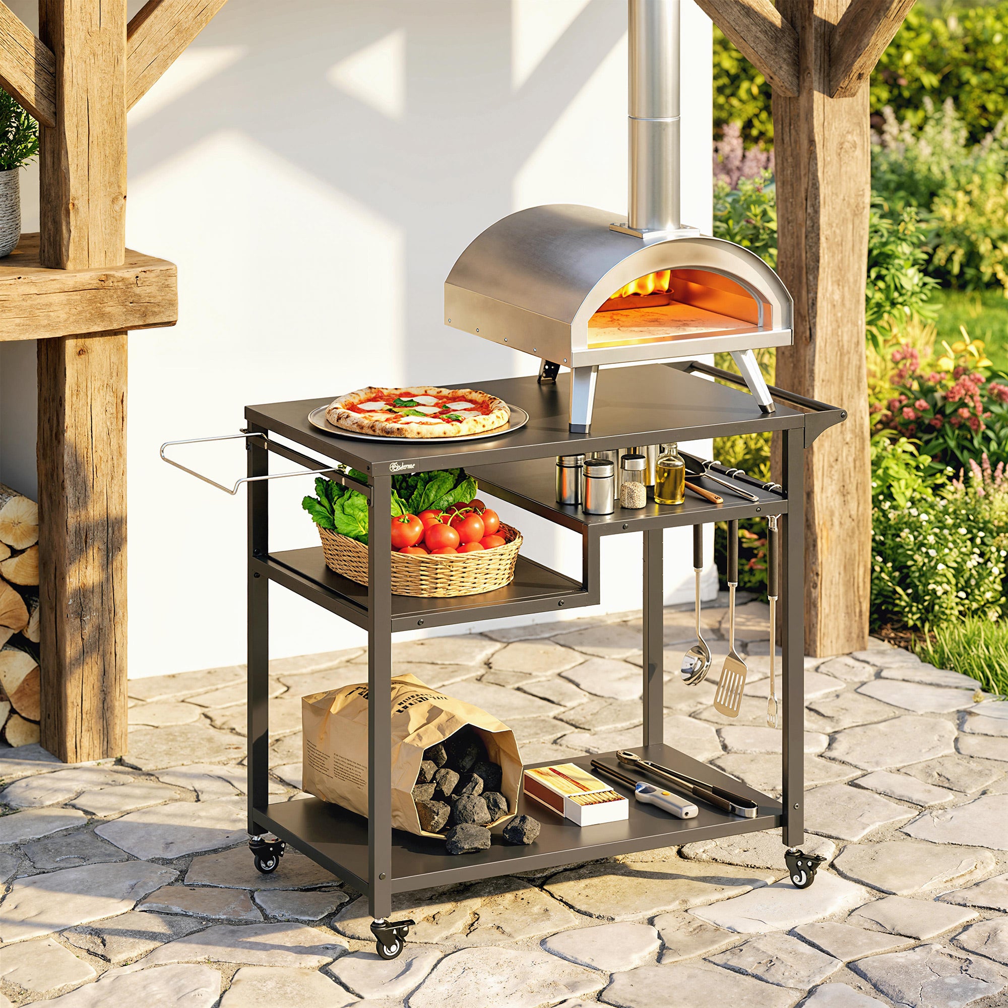 Outsunny Outdoor Grill Cart, Three-Tier Pizza Oven Stand with Steel Tabletop, Hooks, Rubbish Bag Holder, Wheels, Black