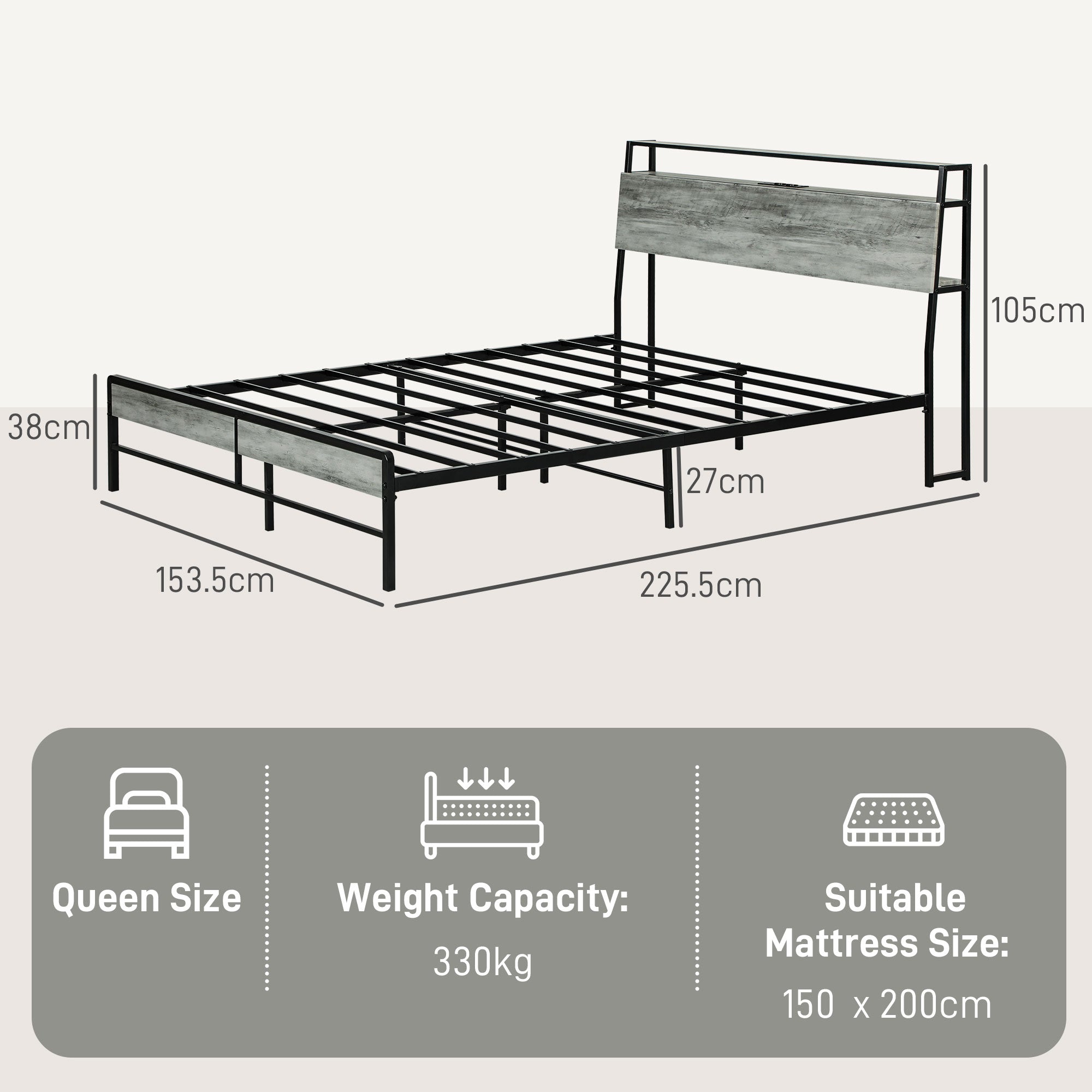 HOMCOM King Steel Bed Frame, with LED Lights and Headboard Shelf - Grey
