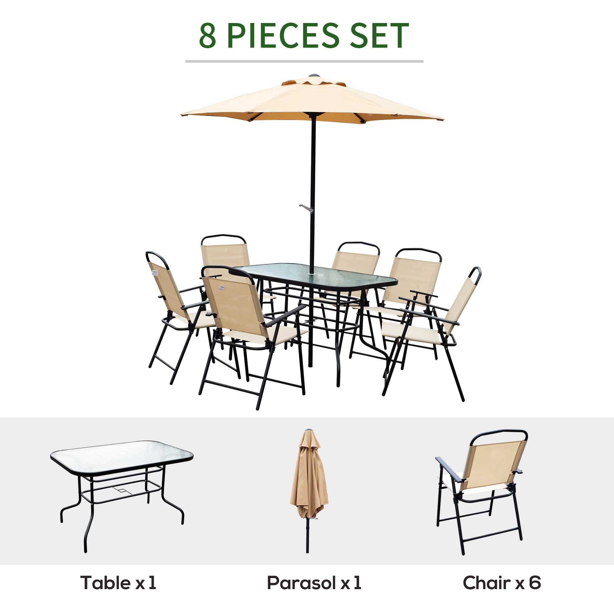 Outsunny 8 Pieces Dining Set Furniture Garden Foldable 6 Chairs 1 Table with Parasol Beige