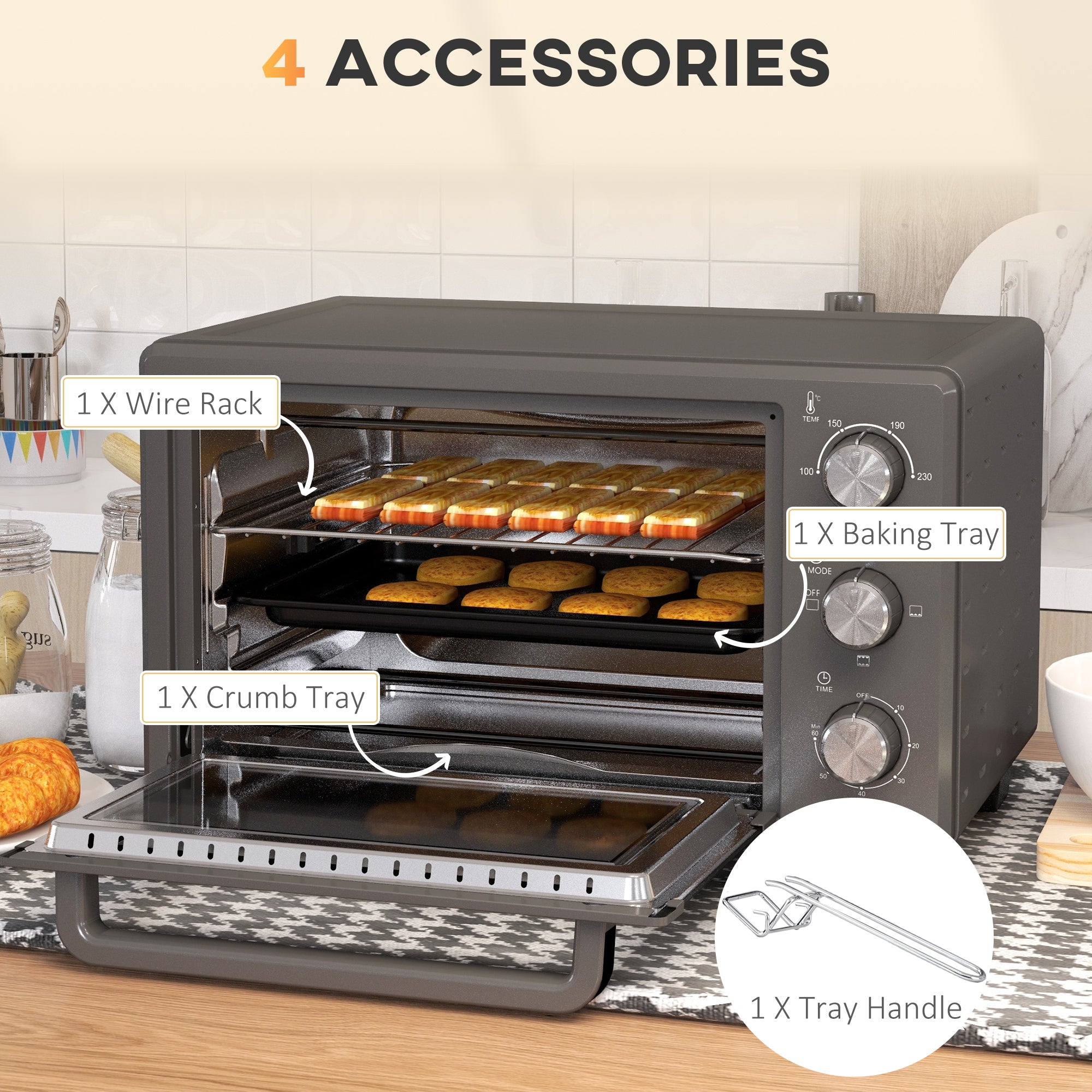 HOMCOM 21L Mini Countertop Oven, 100\'c2\'b0C-230\'c2\'b0C Adjustable Temp - Grey