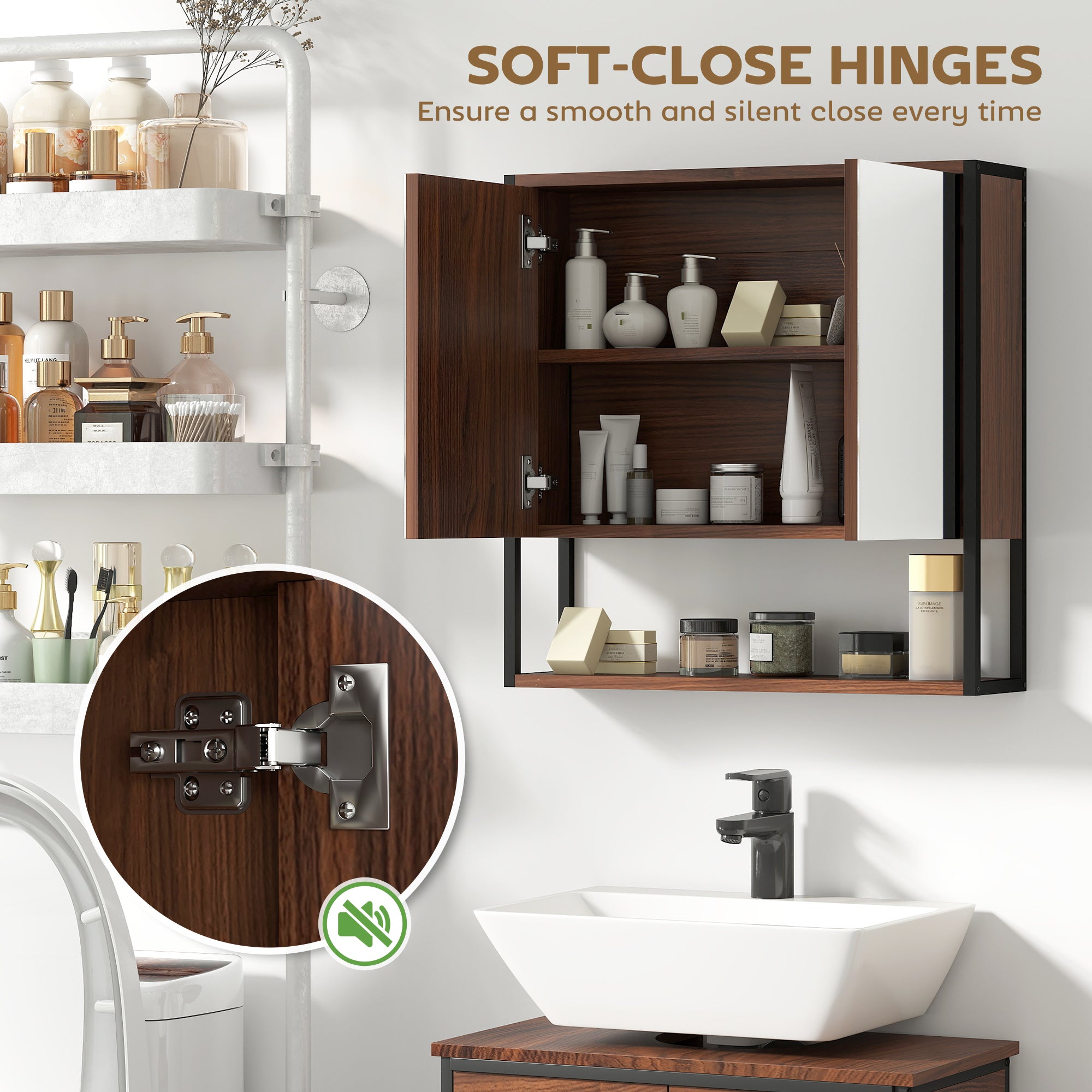 HOMCOM Bathroom Mirror Cabinet with Soft-Close Doors and Adjustable Shelf - Natural Wood Finish