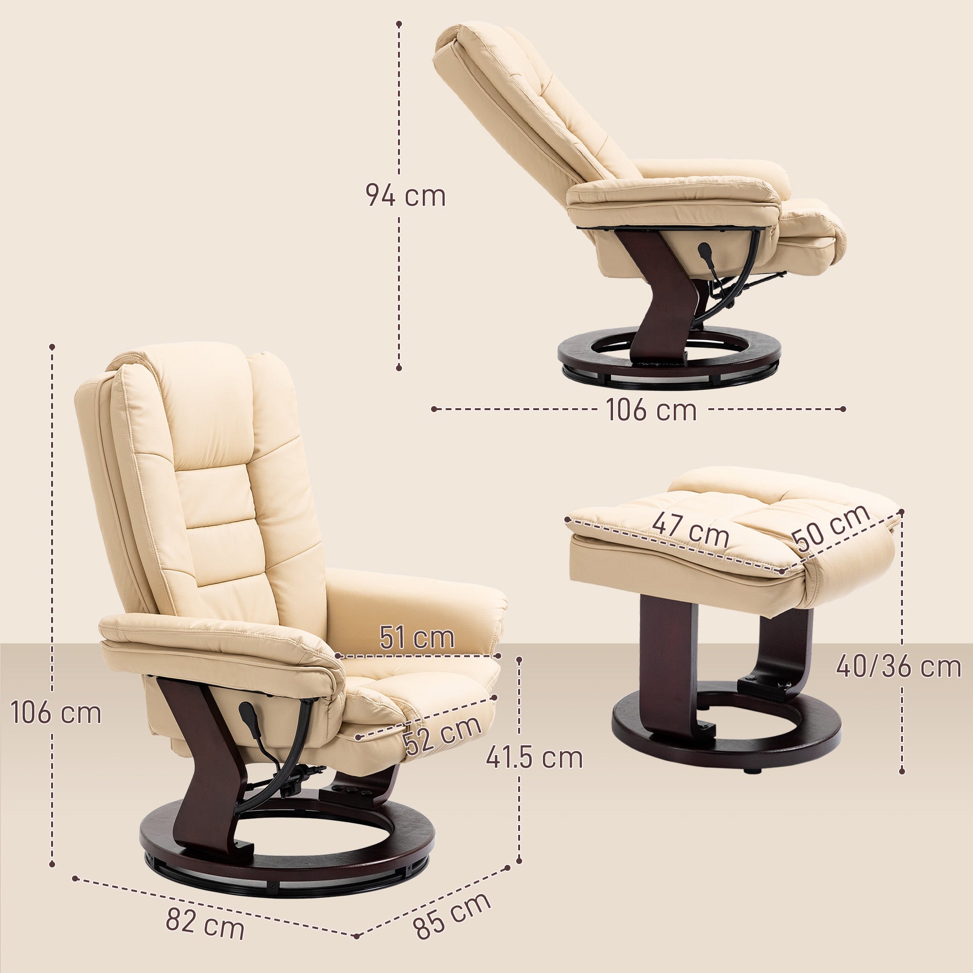 HOMCOM Faux Leather 135\'c2\'b0 Reclining Chair and Footstool - Beige