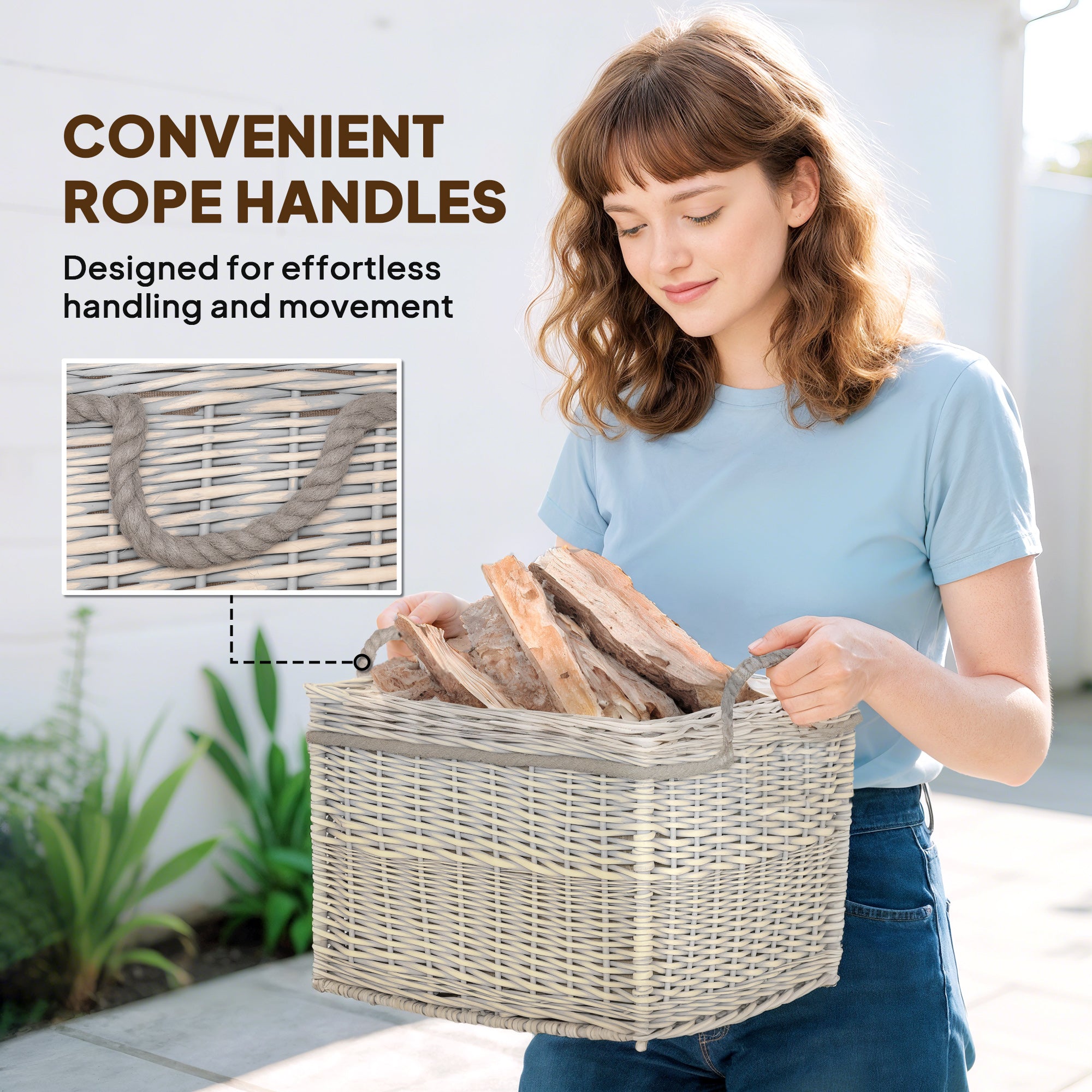 Outsunny Set of 3 Log Baskets for Wood Burner Indoor, Round Storage Basket with Lining and Rope Handles for Fireside Storage, Blankets, Beige