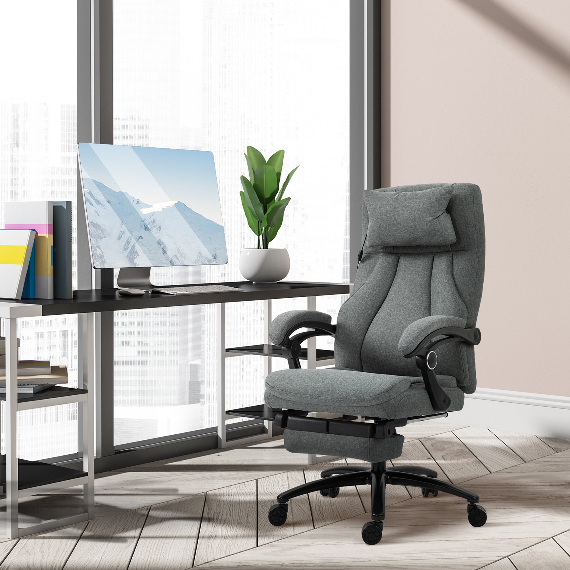 Vinsetto Office Chair, Fabric Desk Chair with Adjustable Massage Pillow, USB Power and Retractable Footrest, High Back, 360\'c2\'b0 Swivel, for Home, Grey
