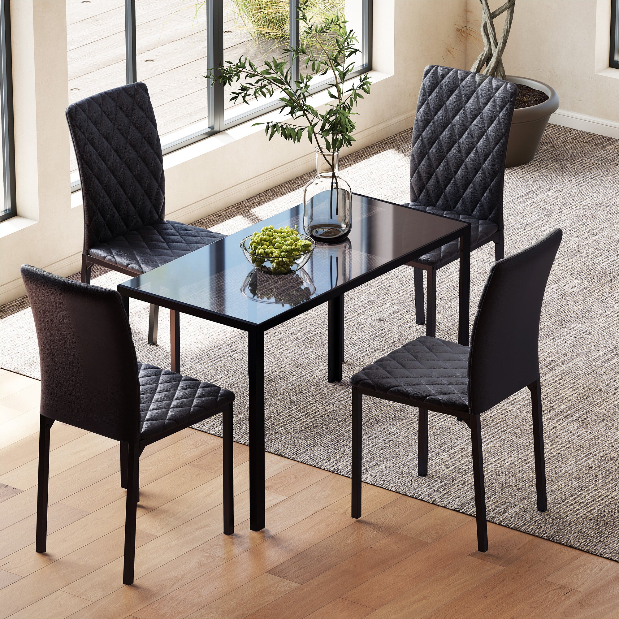 HOMCOM 5 Piece Dining Set, Kitchen Table with Glass Top, Faux Leather Chairs, Black