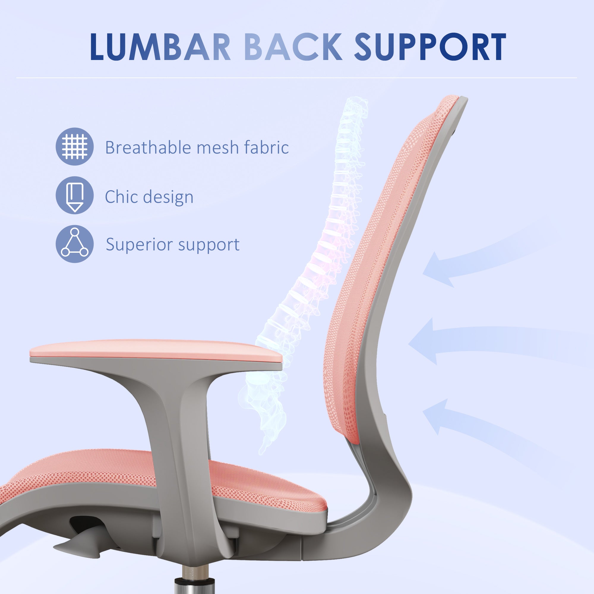 Vinsetto Office Chair, Breathable Mesh Swivel Desk Chair with Adjustable Height and 360° Swivel Security Wheels for Home Office, Study, Pink