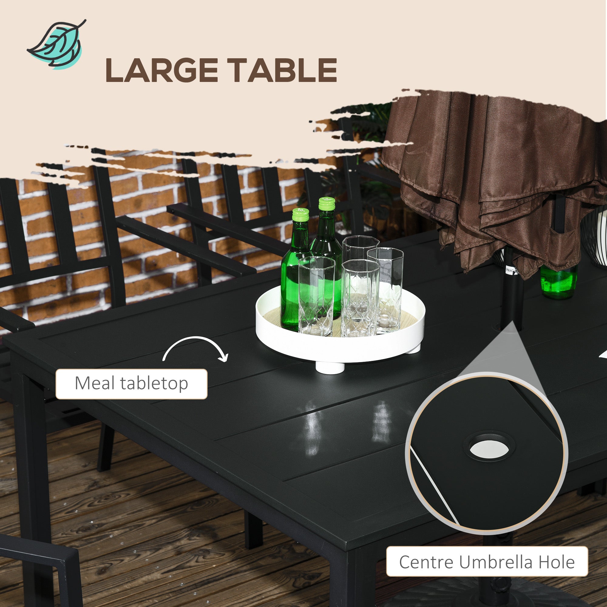 Outsunny Seven-Piece Minimal Metal Garden Dining Set, with Parasol Hole - Black