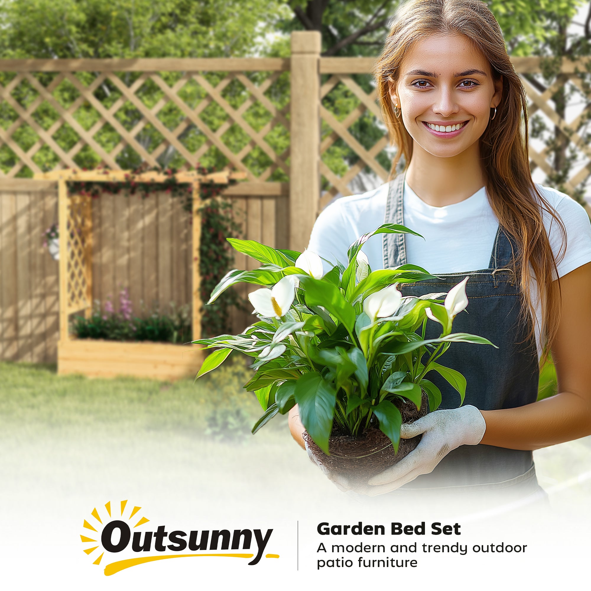 Outsunny Garden Planter with Trellis, Wooden Raised Bed for Garden with Hanging Roof and Drainage Holes, Outdoor Trellis Planter Box for Vegetables, Herbs and Flowers, 110 x 44 x 113 cm, Natural