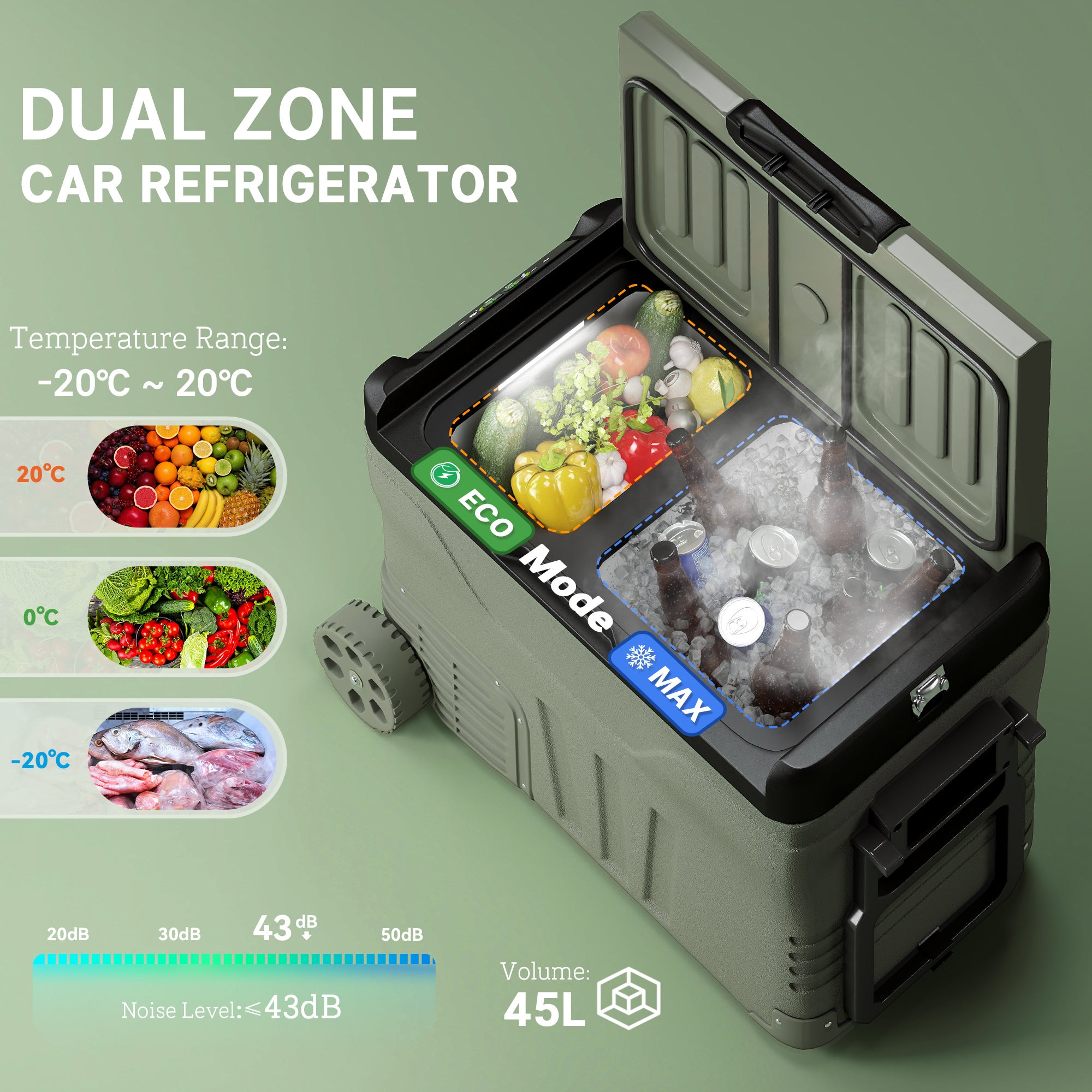 Outsunny 45L Camping Fridge Freezer Dual Zone, Portable Car Fridge 12V/24V DC & 100-240V AC, Electric Cool Box -20℃-20℃ with Wheels and LED Light, for Travel, RV, Road Trip, Picnic