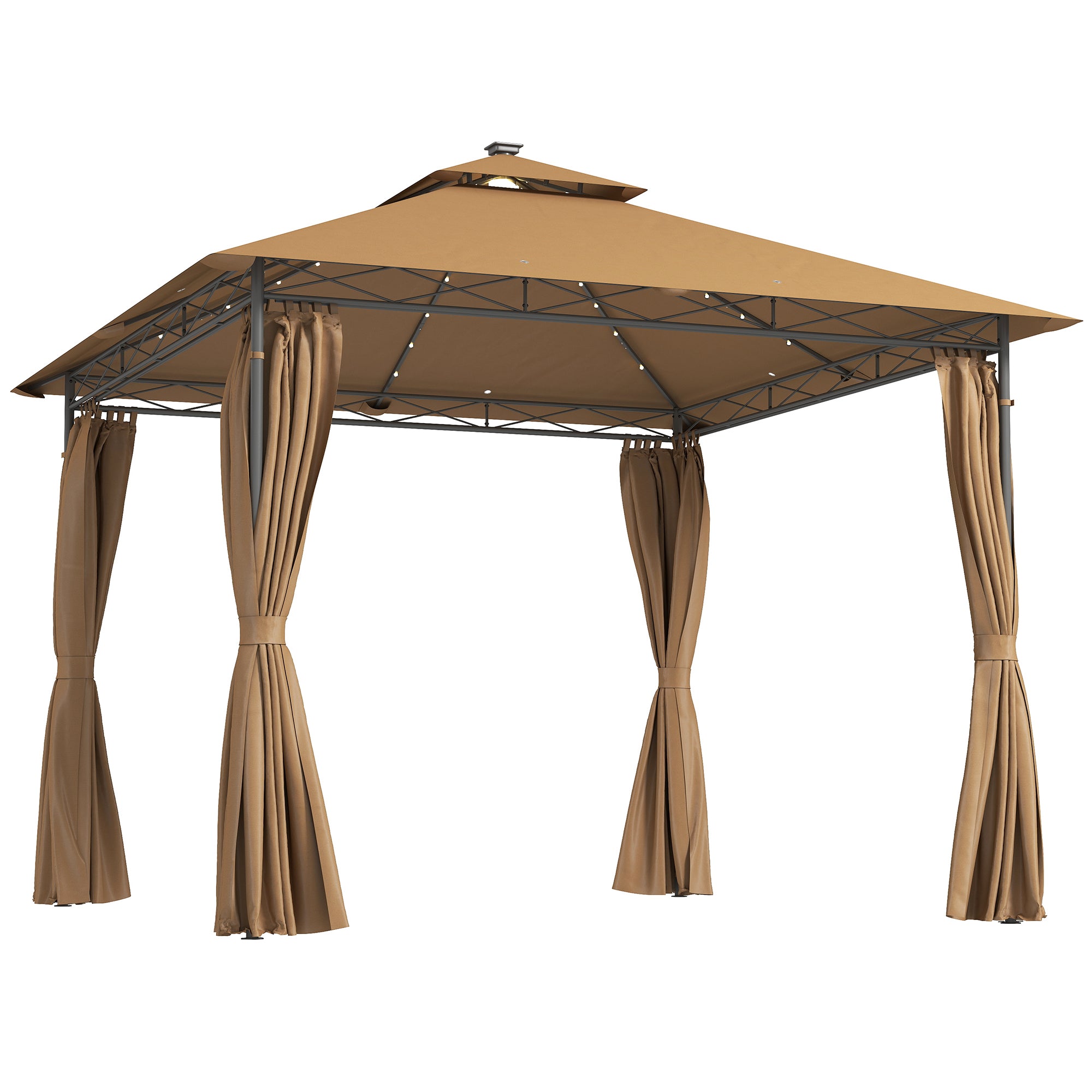Outsunny 3 x 3 m Garden Gazebo, Double Roof Metal Gazebo with Curtains and Solar-Powered LED Lights, Outdoor Gazebo Canopy Shelter for Patio, Deck, Brown
