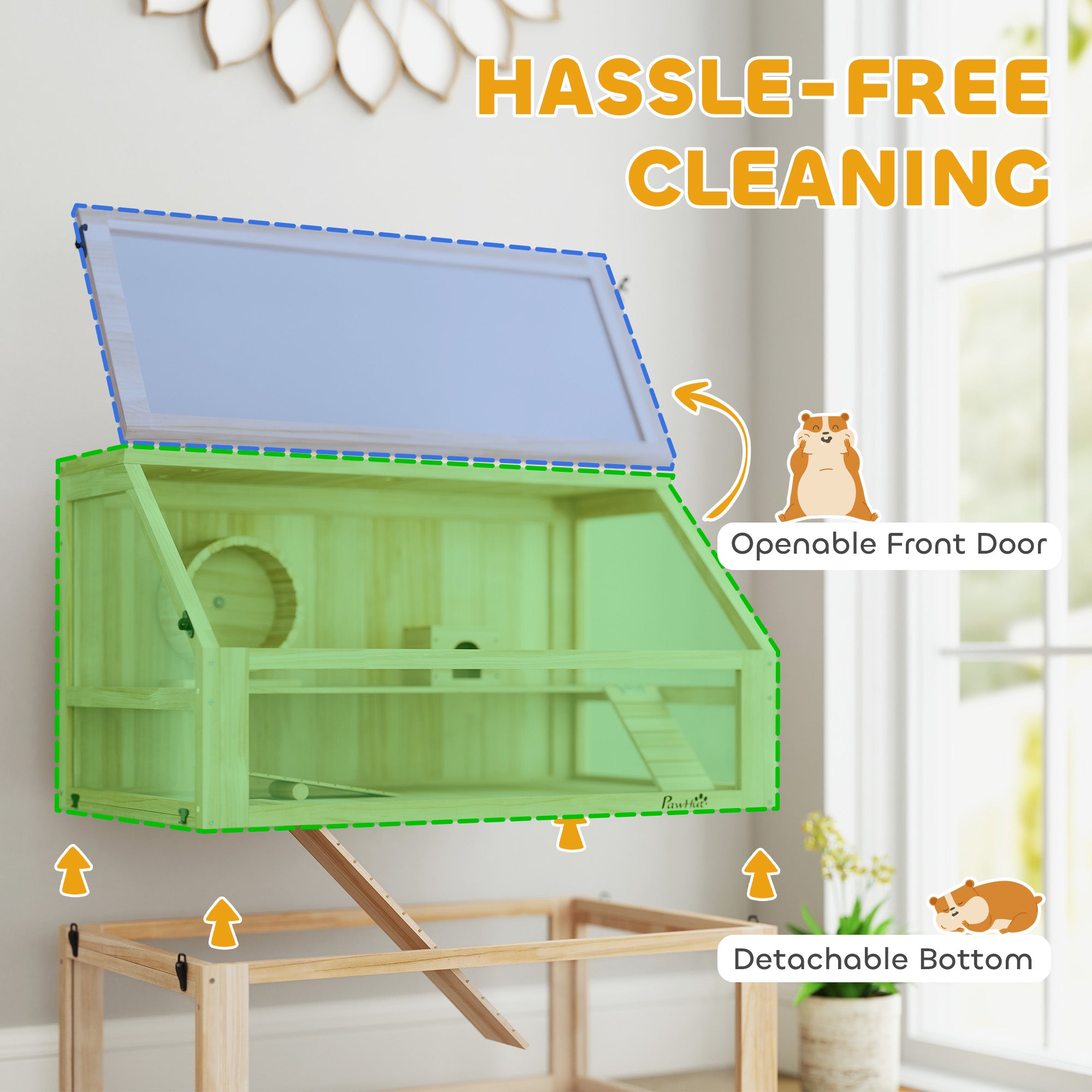 PawHut Wooden Hamster Cage with Detachable 31cm Deep Bottom, Hut, Seesaw, Exercise Wheel, Ramp, 80 x 50 x 76cm, Natural