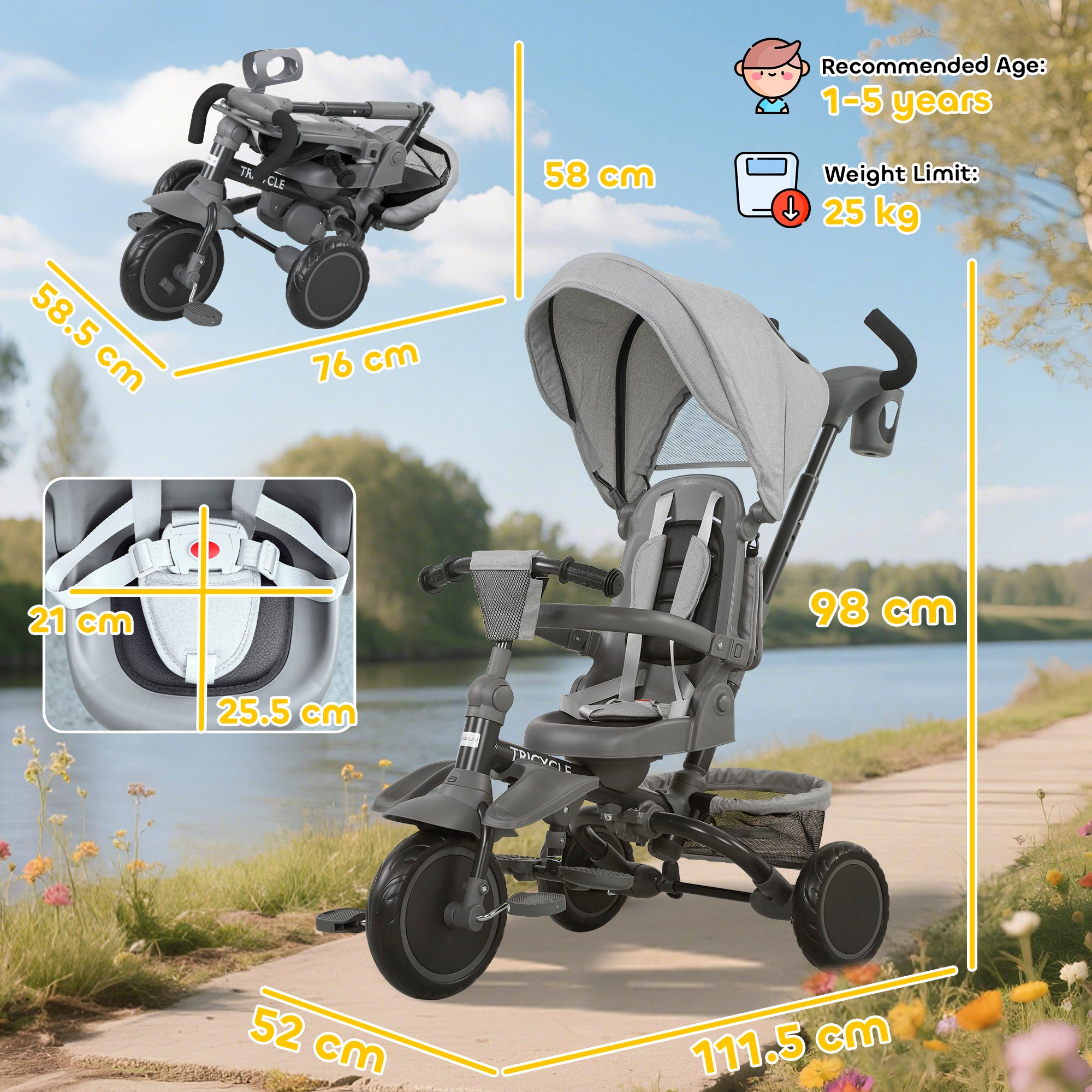 AIYAPLAY 6 in 1 Foldable Kids Trike with Adjustable Parent Handle & Canopy for Ages 1-5, Grey