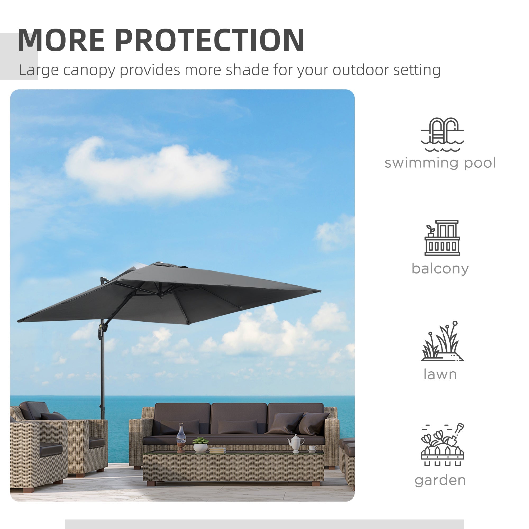 Outsunny 2.7 x 2.7 m Cantilever Parasol, Square Overhanging Umbrella with Cross Base, Crank Handle, Tilt, 360\'c2\'b0 Rotation and Aluminium Frame, Dark Grey