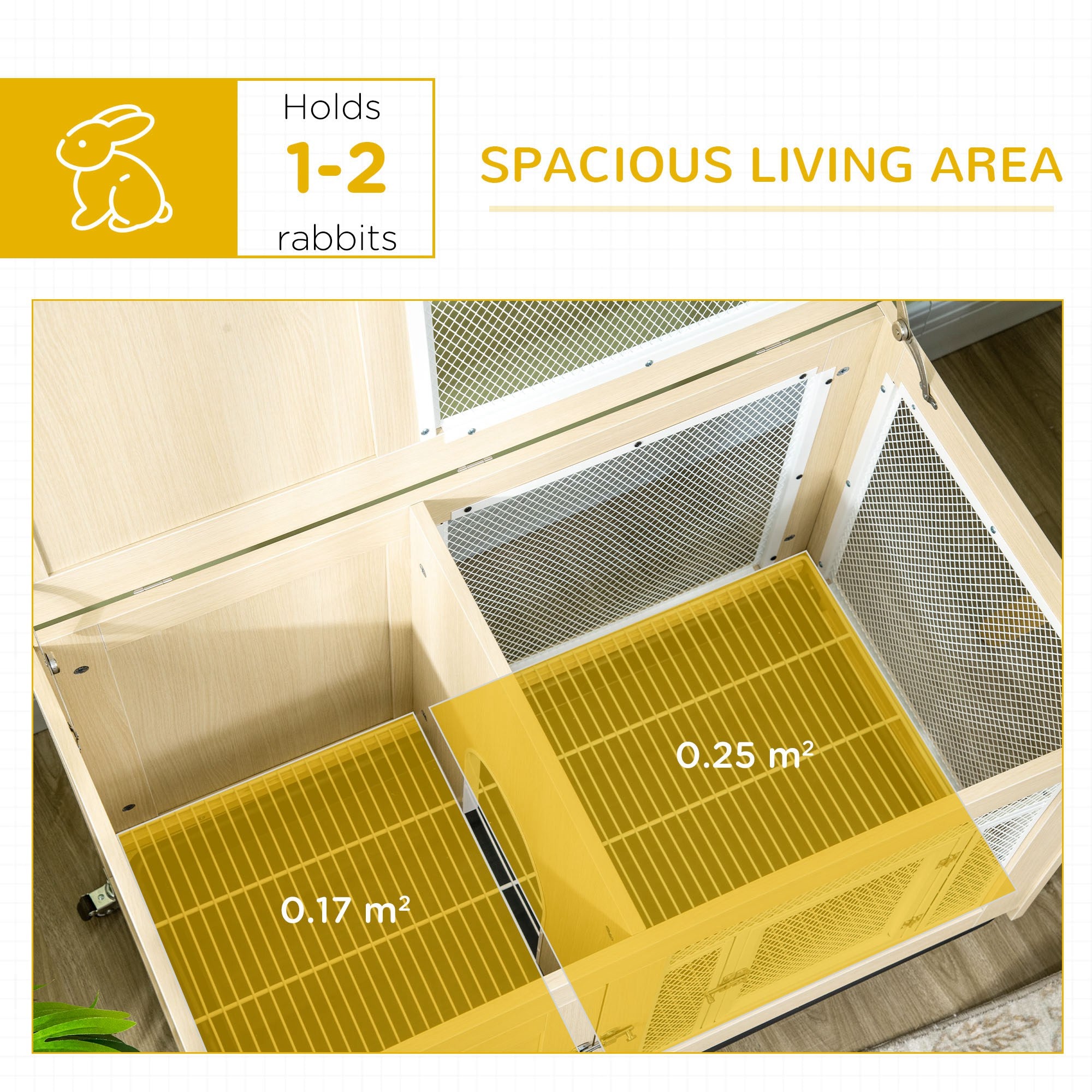 PawHut Rabbit Hutch, with Wheels, Removable Tray, Openable Roof, for 1-2 Rabbits - Oak Tone