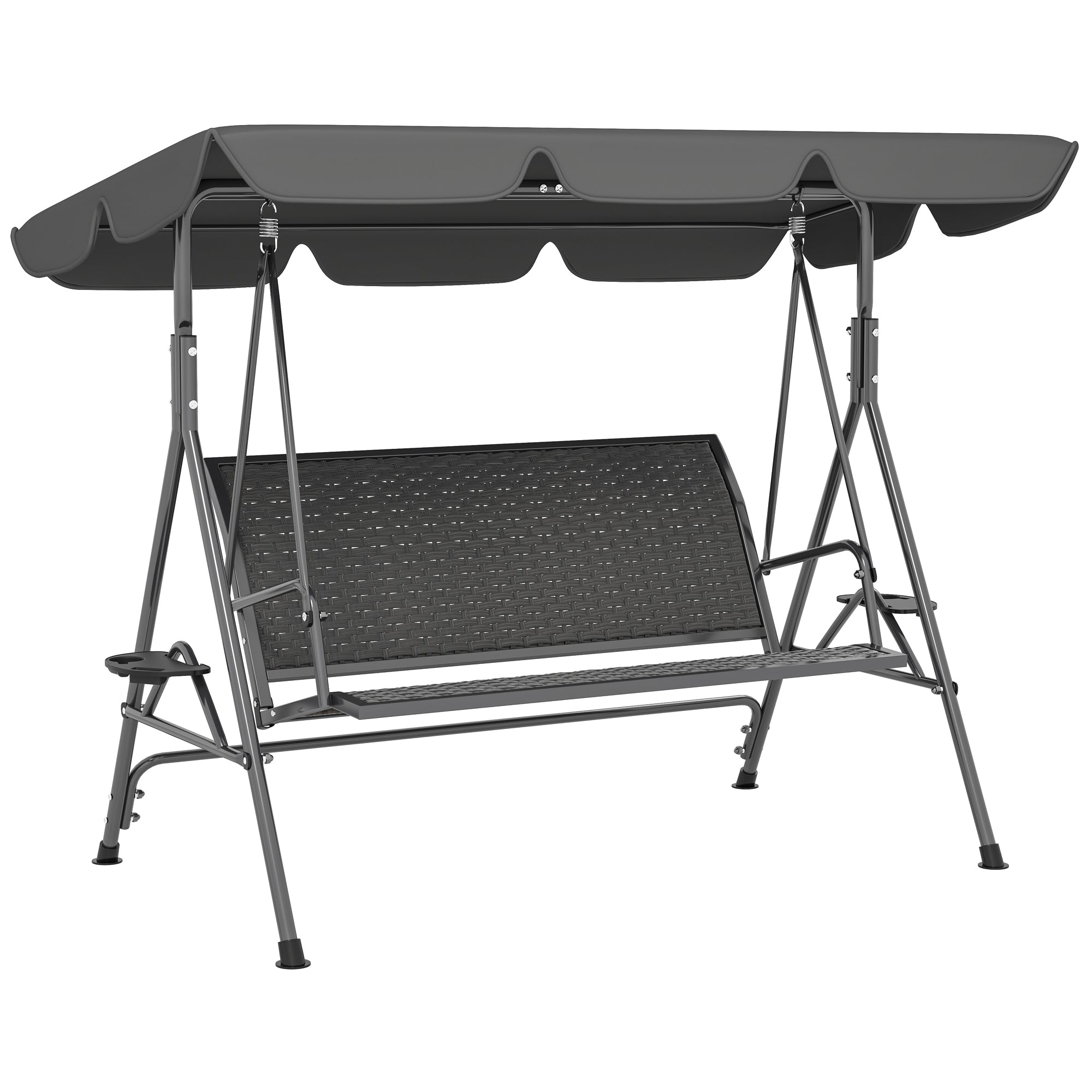 Outsunny 3 Seater Swing Chair, Garden Swing Seat Bench with Adjustable Canopy, Rattan Seat and Steel Frame for Patio, Yard, Grey