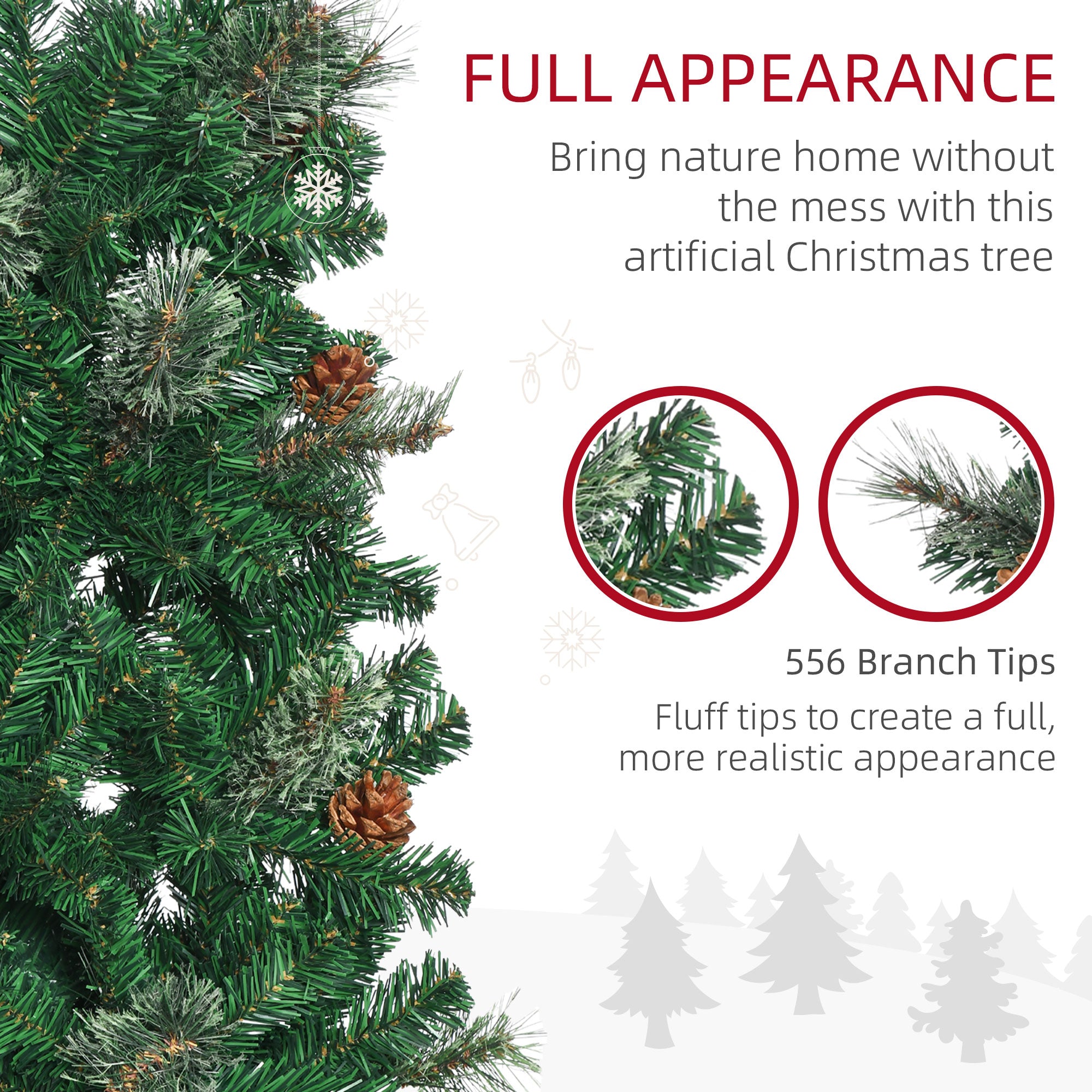 HOMCOM 6.5FT Tall\'c2\'a0Pencil Slim Artificial Christmas Tree with\'c2\'a0Realistic\'c2\'a0Branches, Tip Count and Pine Cones, Pine Needles Tree, Xmas\'c2\'a0Decoration, Green