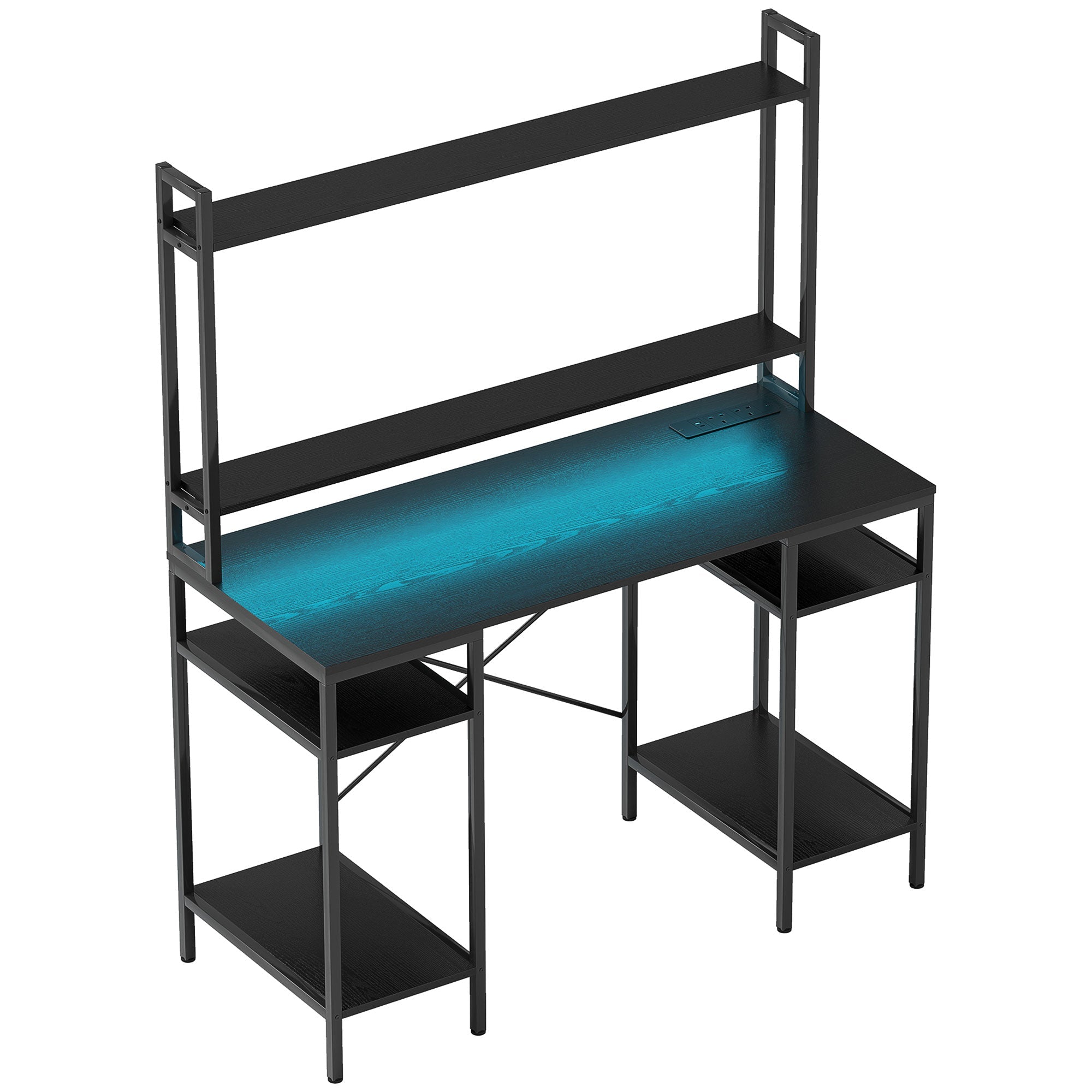 HOMCOM Computer Desk with Power Outlets and LED Lights, Home Office Desk with Monitor Stand and 2 CPU Stands, Study Table Gaming Desk with Hutch, Black