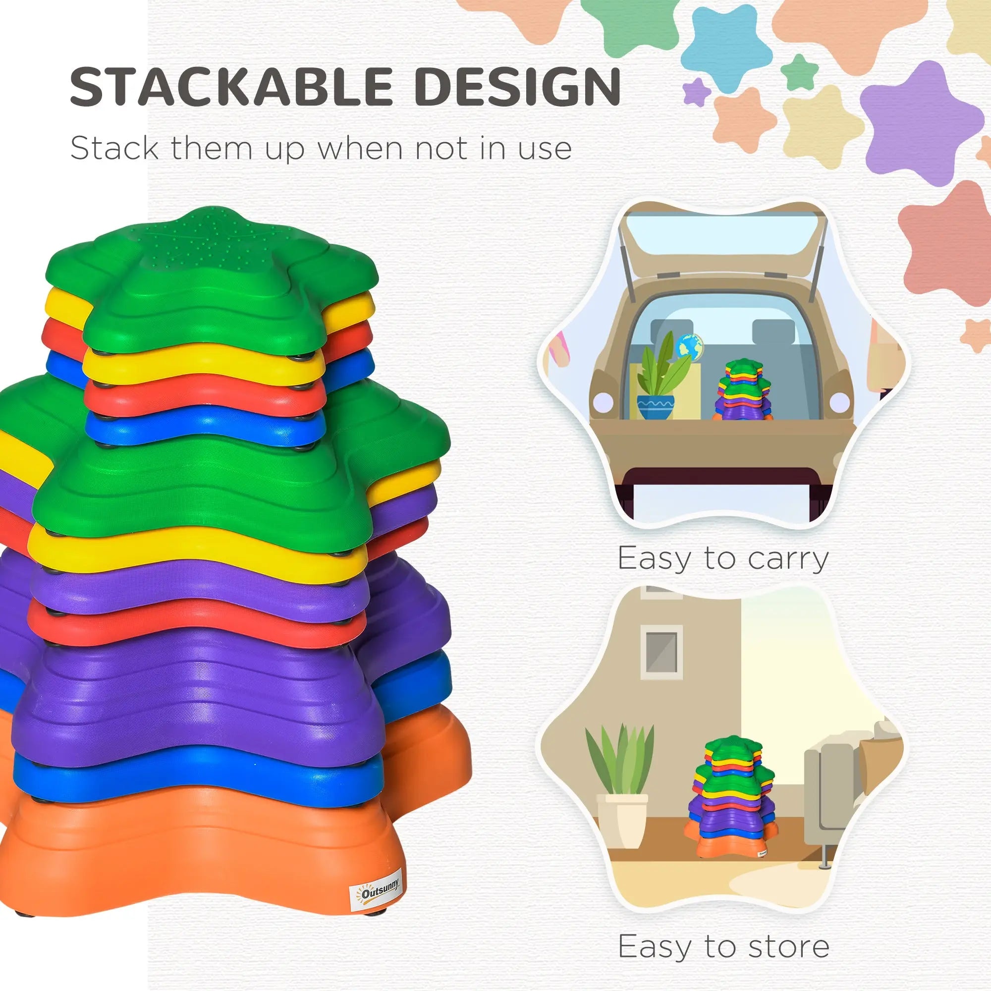 Outsunny 11-Piece Balance Stepping Stones for Kids Starfish Style Non-slip Obstacle Course Stackable Balance Blocks Garden Toys Encourage Toddler Balance Indoor Outdoor - Multicoloured