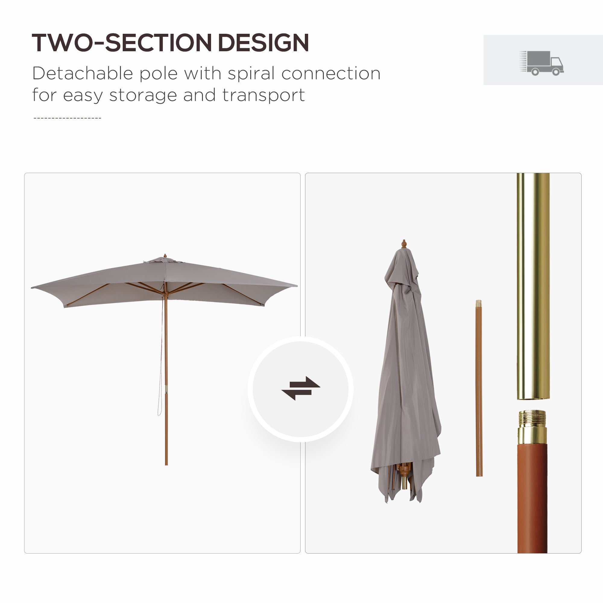 Outsunny 2 x 3m Wooden Garden Parasol Umbrella Outdoor Sun Shade Canopy, Light Grey