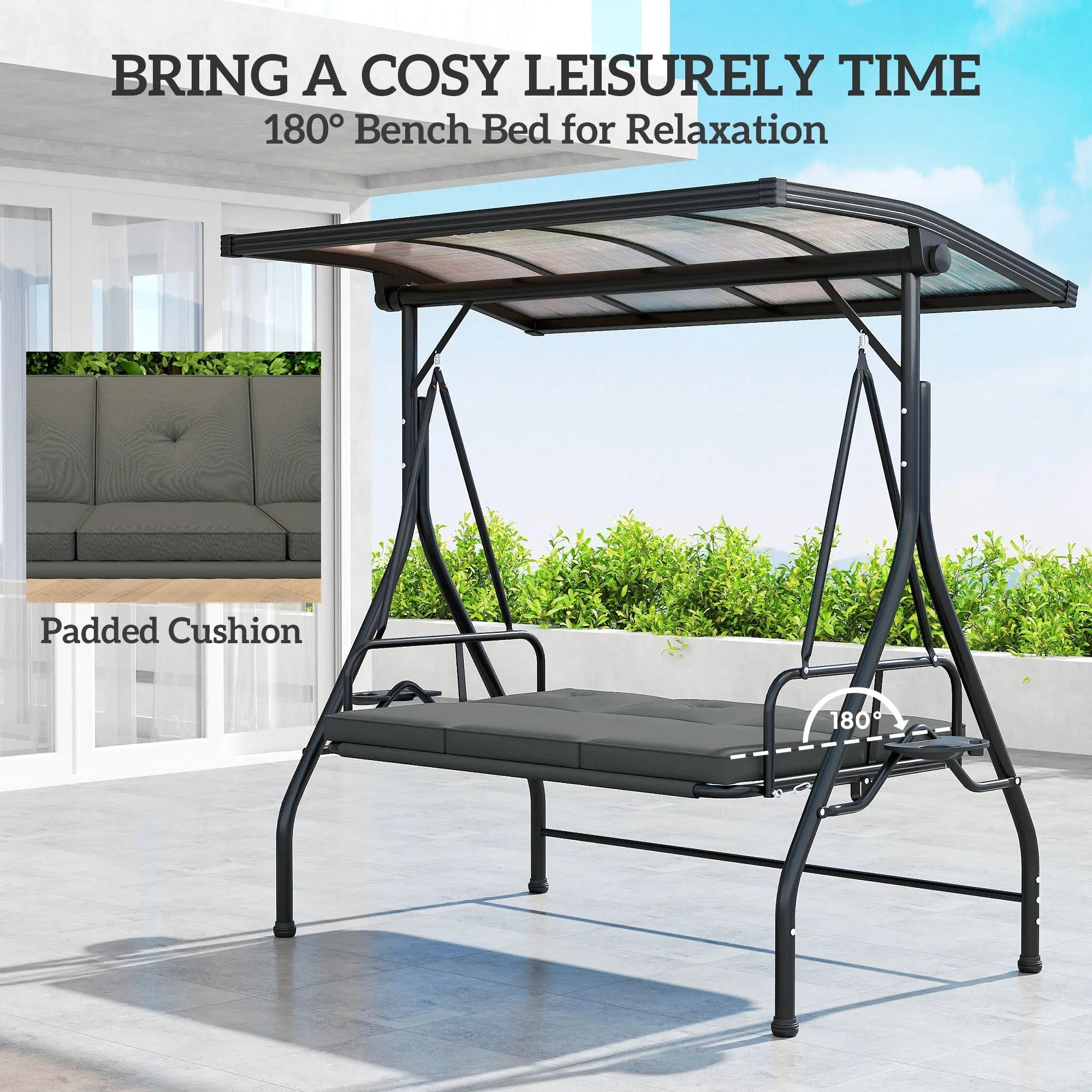 Outsunny 3 Seater Garden Swing Seat Bed with UPF30+ Adjustable Canopy, Convertible Swing Chair with Cushion, Outdoor Hammock Bench with Cup Trays for Balcony Patio, Dark Grey