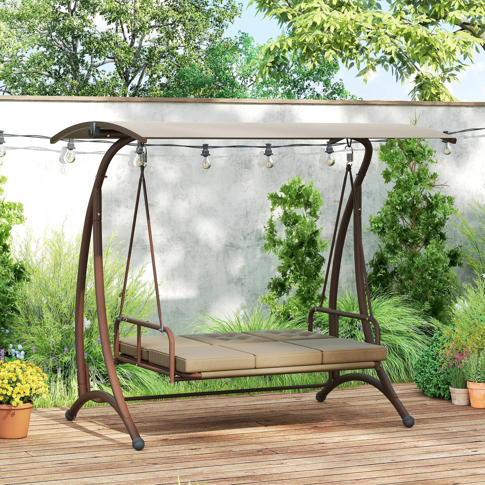 Outsunny 3 Seater Garden Swing Seat Bed, Convertible Swing Chair Bench with UPF30+ Adjustable Canopy, Cushioned Seat and Weather Resistant Steel Frame, Khaki