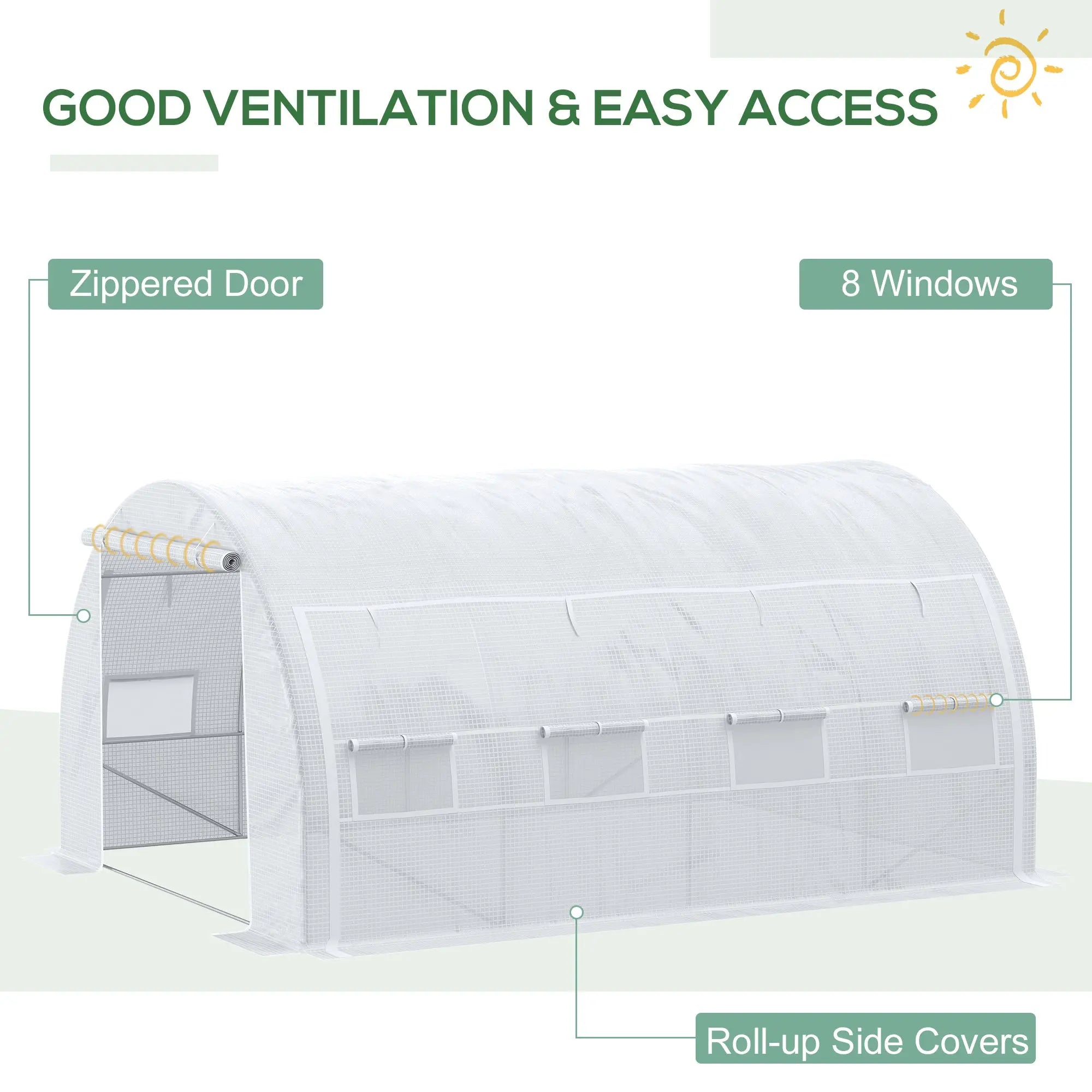 Outsunny 4 x 3 x 2 m Polytunnel Greenhouse with Roll-up Side Walls, Walk-in Grow House Tent with Steel Frame, Reinforced Cover, Zipped Door and 12 Mesh Windows for Garden, White