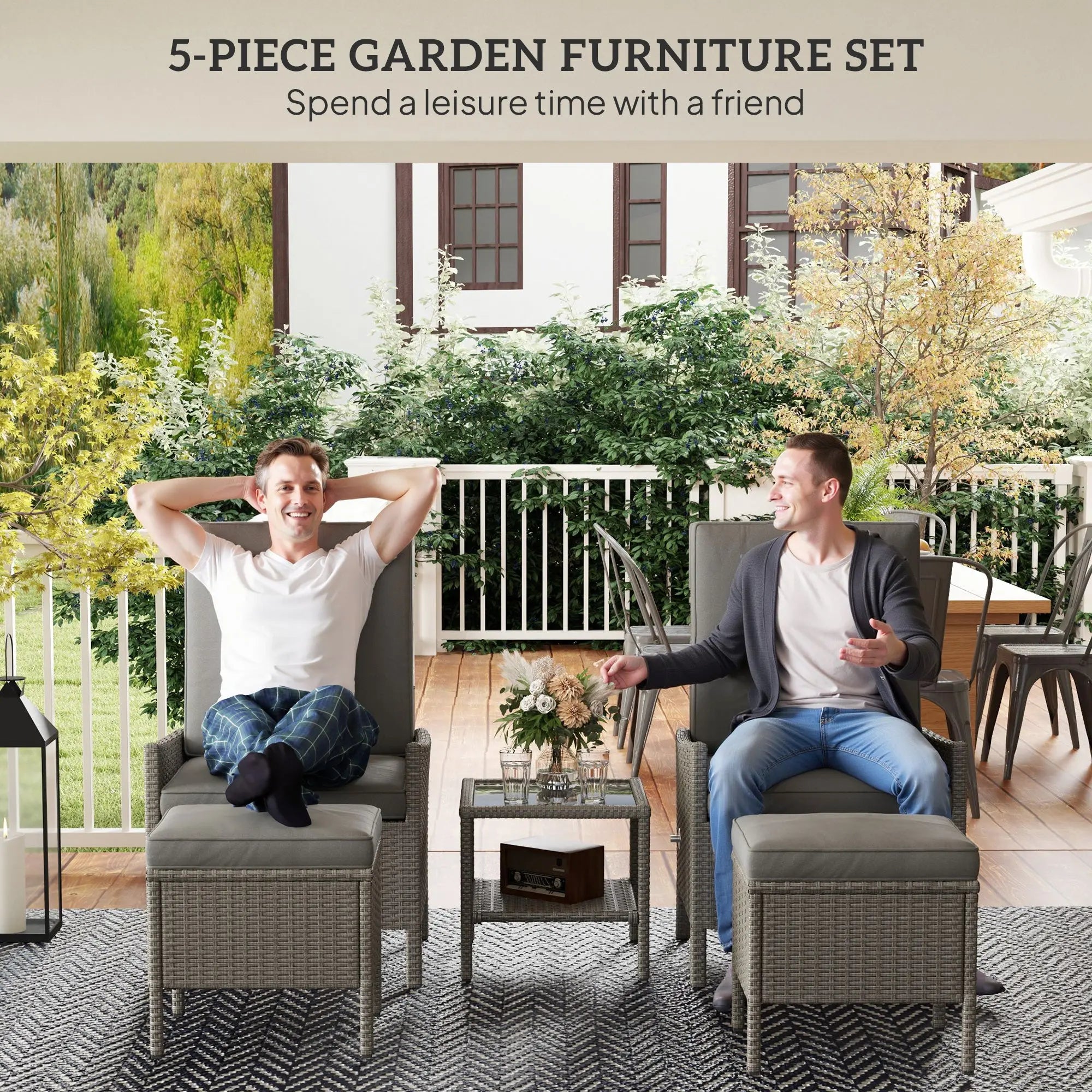 Outsunny 5 Piece Rattan Garden Furniture Set, Wicker Outdoor Furniture with 2 Armchairs, 2 Footstools and Glass Top Coffee Table with Shelf, Cushions for Patio Balcony, Dark Grey