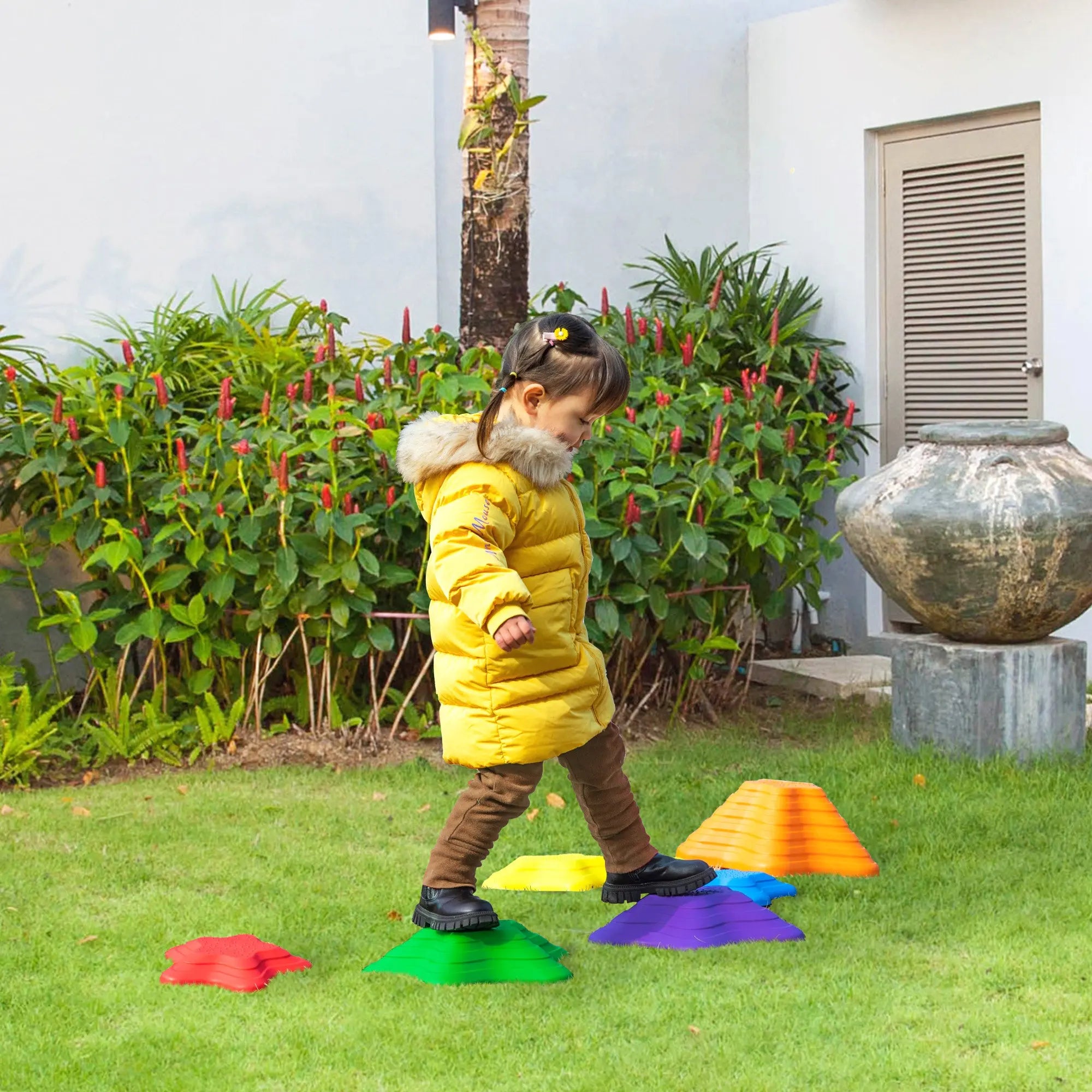 Outsunny 6-Piece Kids Balance Stepping Stones, Starfish Style Non-slip Obstacle Course, Stackable Balance Blocks Garden Toys Encourage Toddler Balance Indoor Outdoor