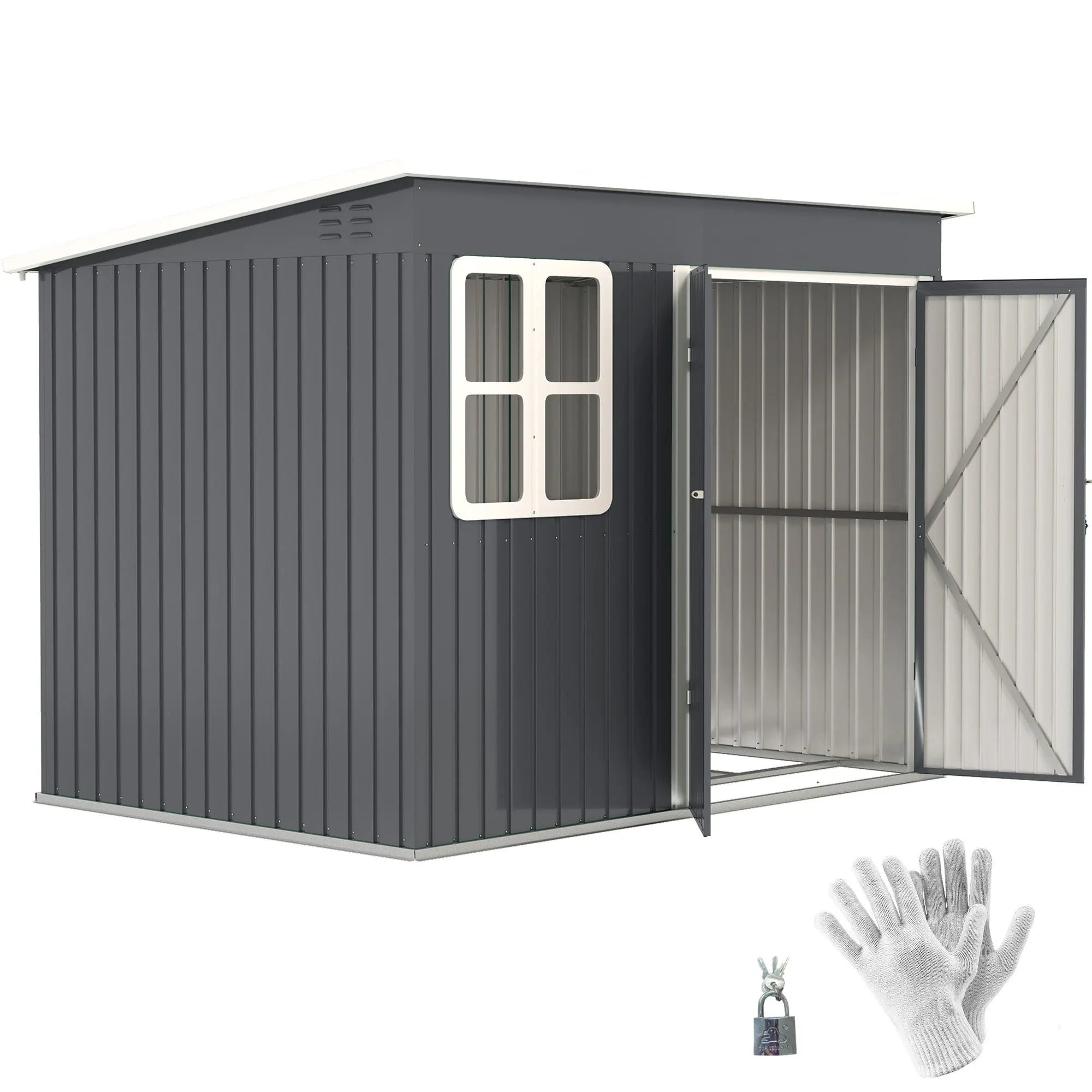 Outsunny 8.5 x 6ft Storage Shed Galvanised Steel Garden Shed, Metal Shed with Foundation Kit, Window, Lockable Wide Doors and Air Vents for Outdoor Patio, Dark Grey