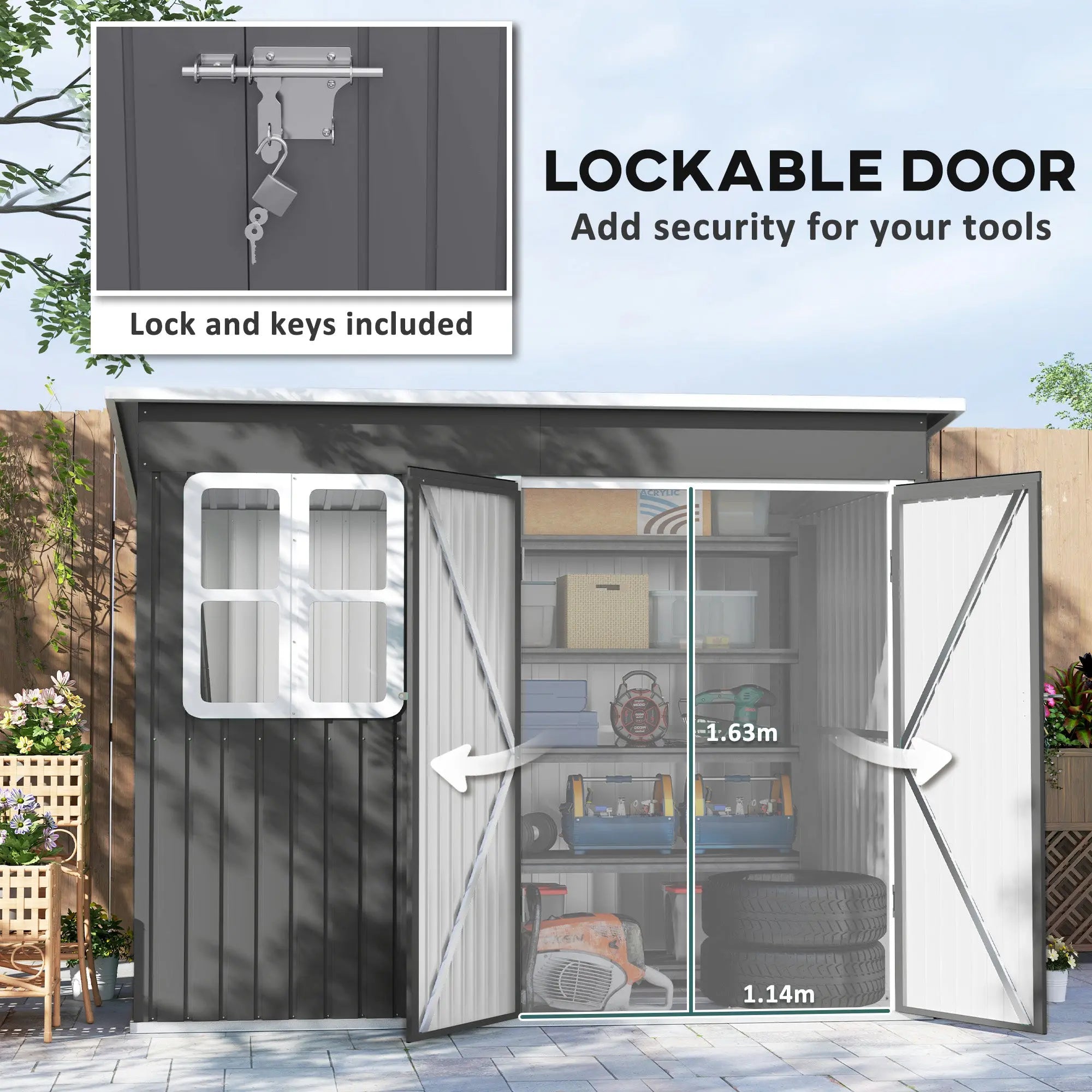 Outsunny 8.5 x 6ft Storage Shed Galvanised Steel Garden Shed, Metal Shed with Foundation Kit, Window, Lockable Wide Doors and Air Vents for Outdoor Patio, Dark Grey