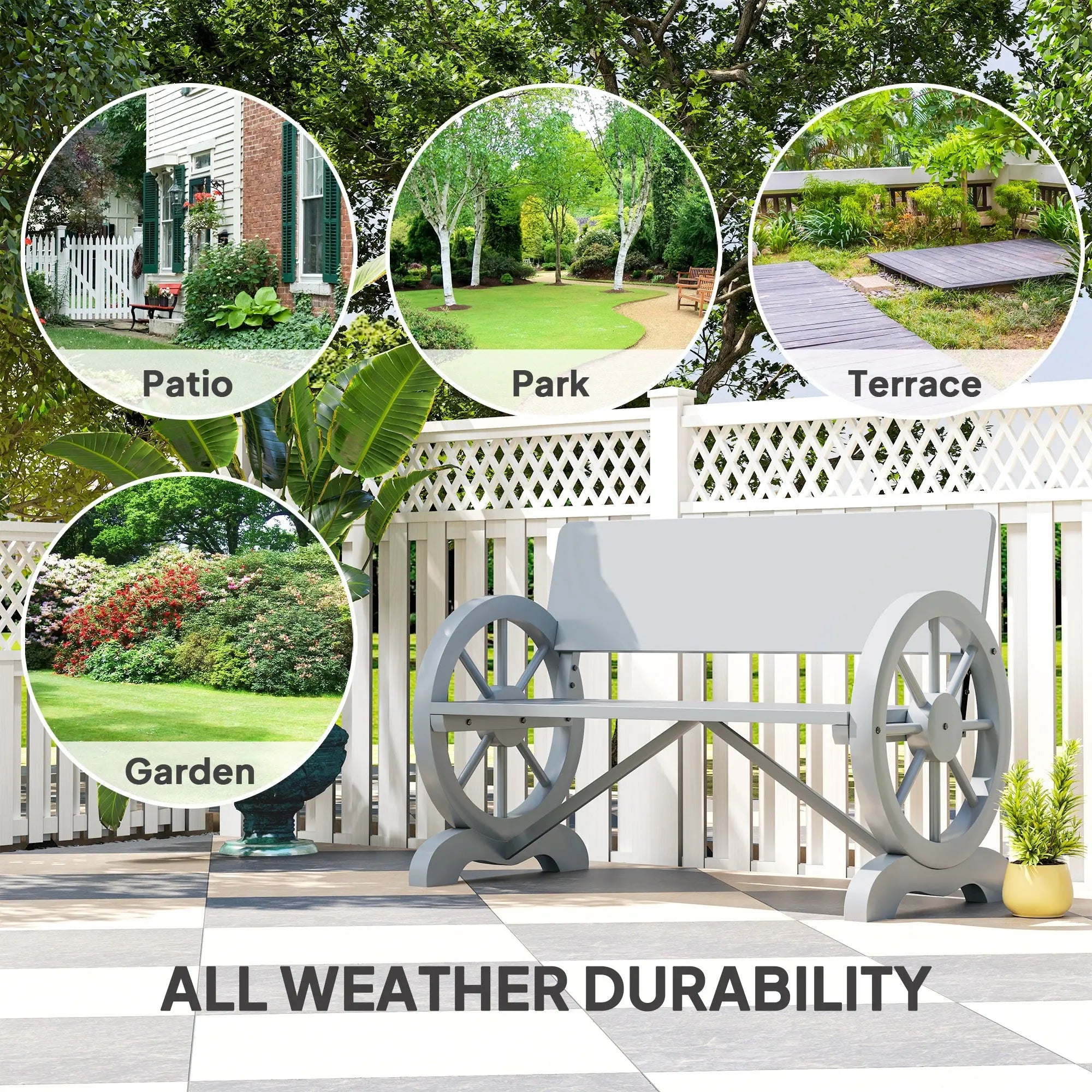 Outsunny Fir Wood 2-Seater Outdoor Garden Wagon Wheel Bench, Grey