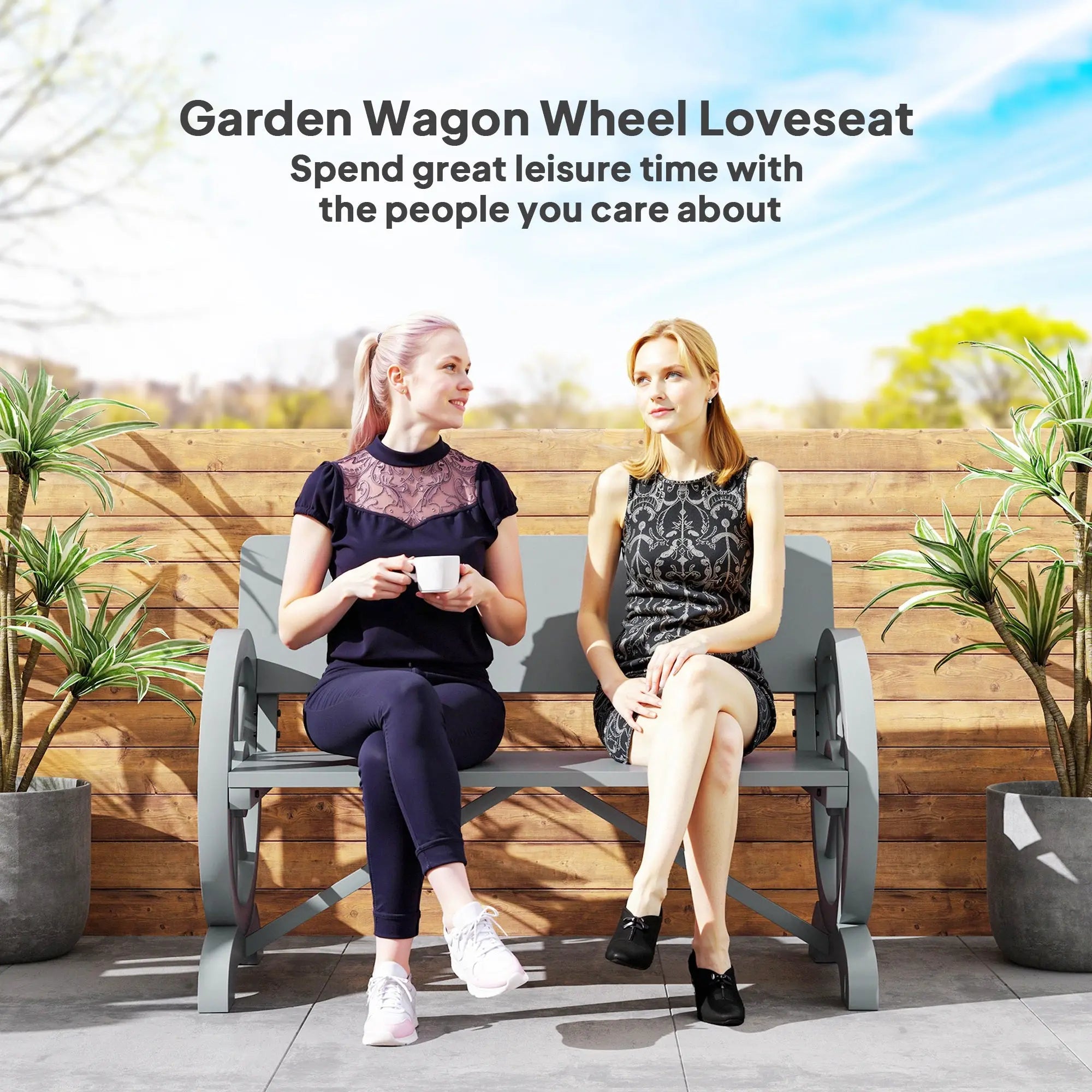 Outsunny Fir Wood 2-Seater Outdoor Garden Wagon Wheel Bench, Grey