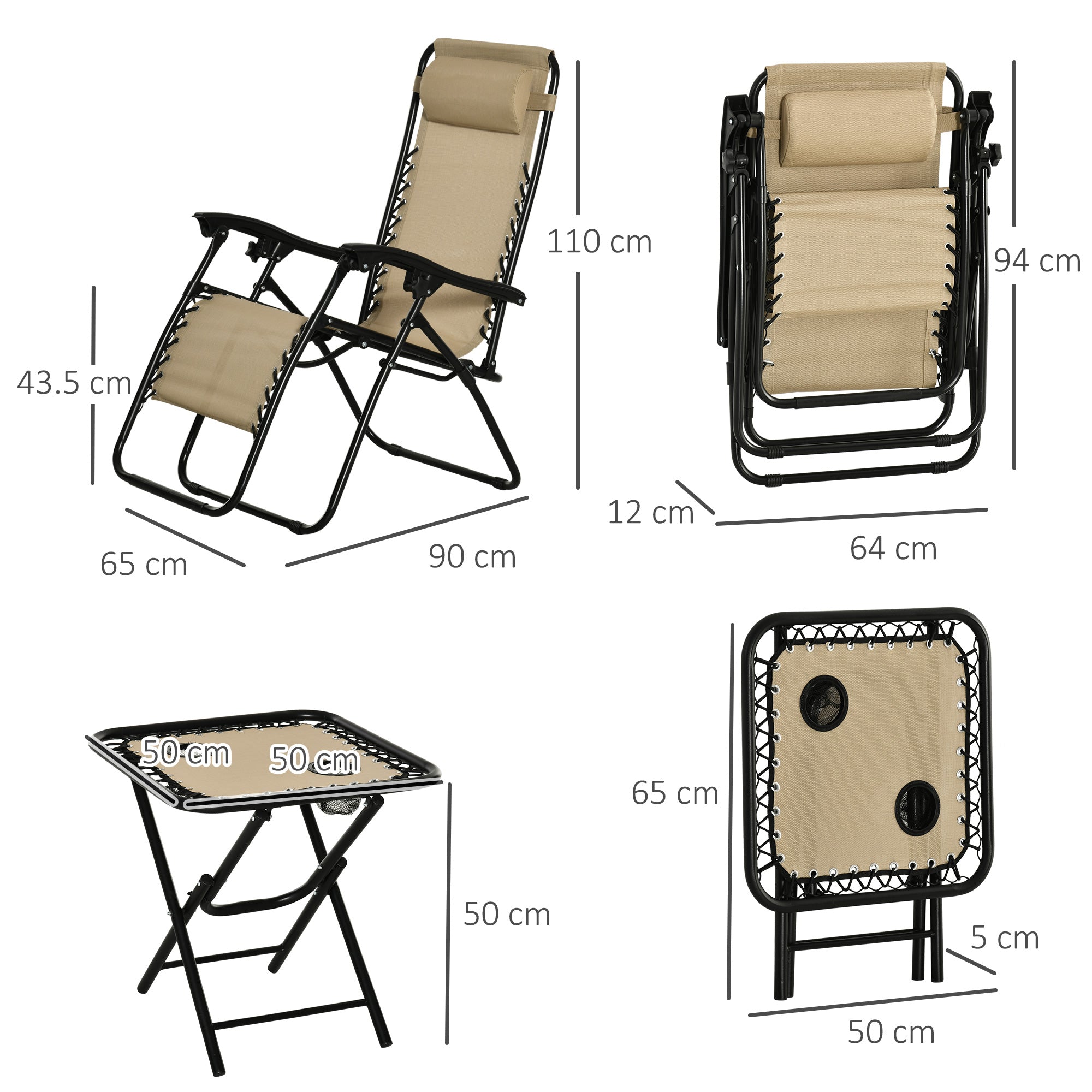 Outsunny Folding Zero Gravity Chairs, 3 Pieces Adjustable Sun Lounger and Table Set with Cup Holder and Headrest, Bistro Set with Reclining Garden Chairs for Patio, Beige