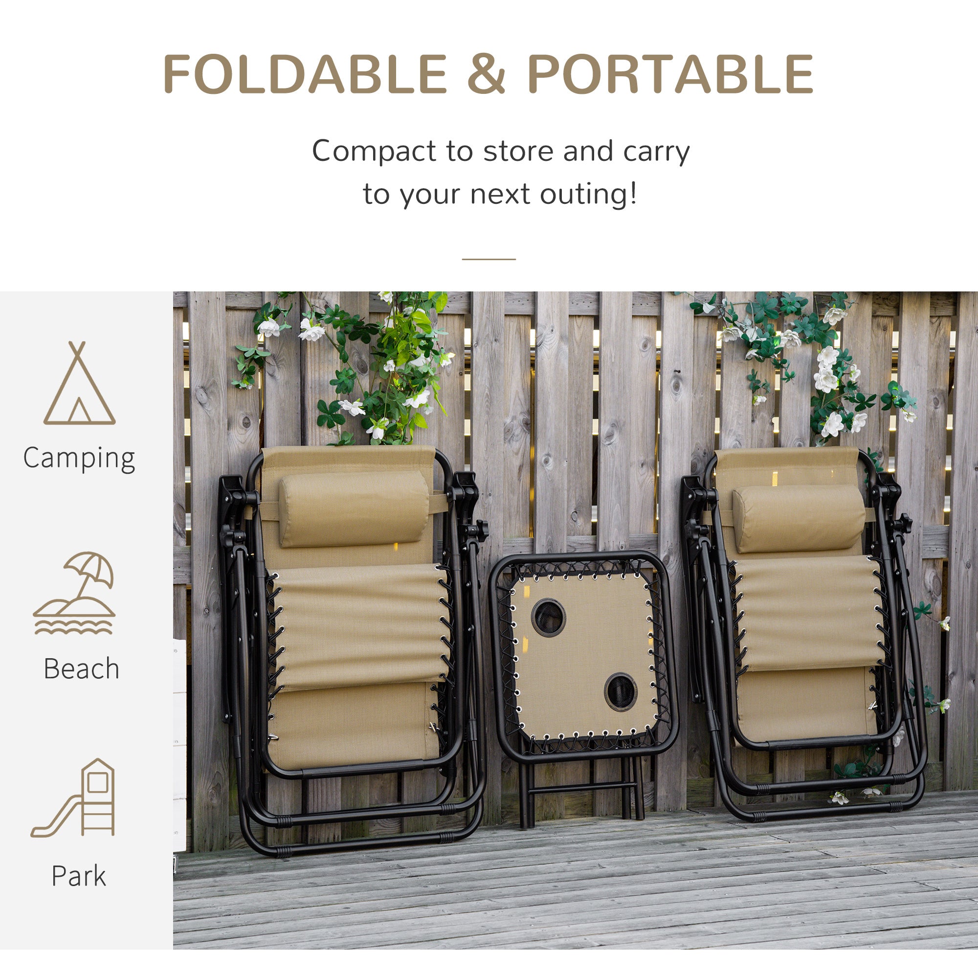 Outsunny Folding Zero Gravity Chairs, 3 Pieces Adjustable Sun Lounger and Table Set with Cup Holder and Headrest, Bistro Set with Reclining Garden Chairs for Patio, Beige